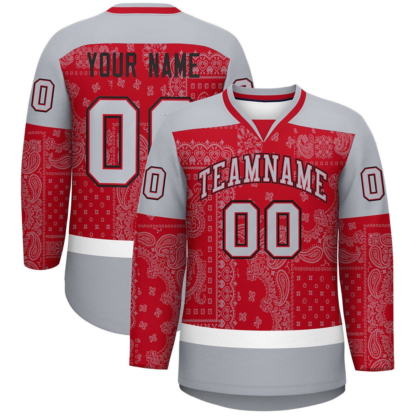 Custom Gray Red White Cashew Flower Graffiti Pattern V-Neck Hockey Jersey| KXKSHOP