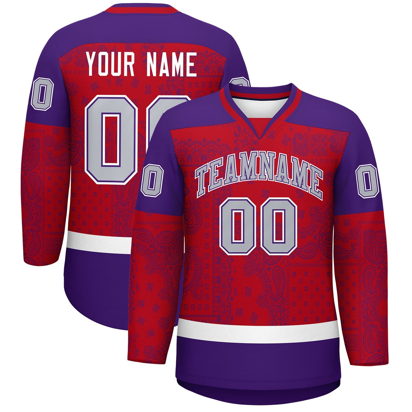 Custom Purple Red White Cashew Flower Graffiti Pattern V-Neck Hockey Jersey| KXKSHOP