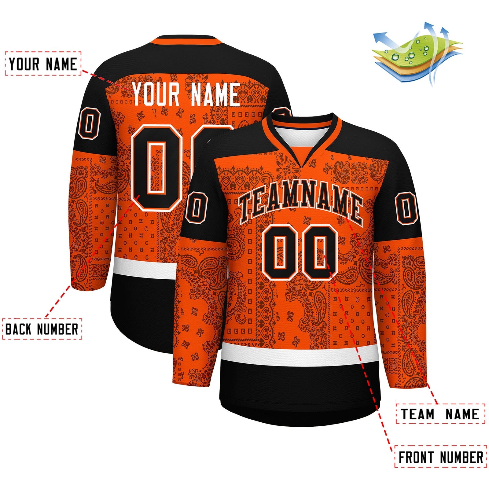 Custom Orange Black White Cashew Flower Graffiti Pattern V-Neck Hockey Jersey| KXKSHOP