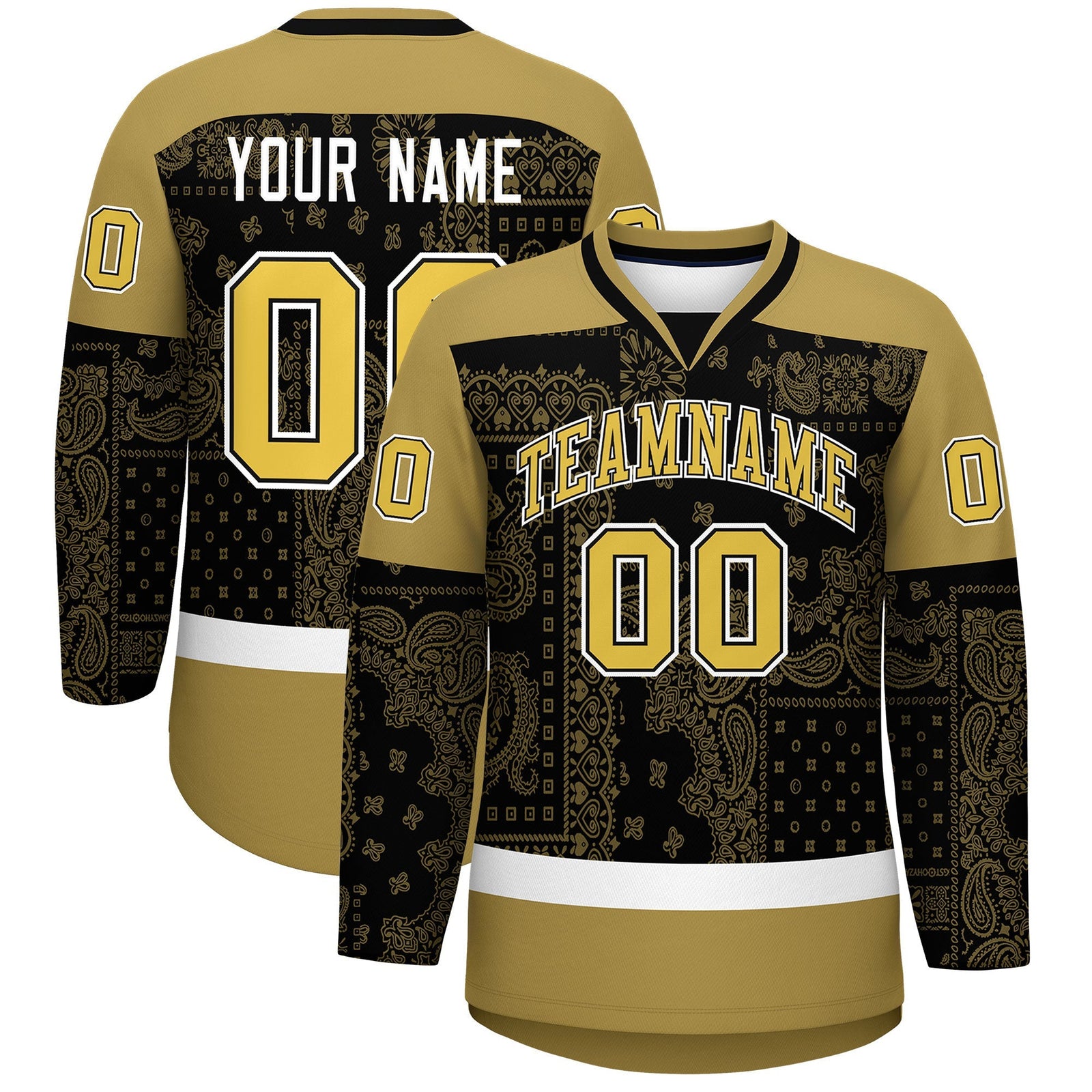 Custom Old Gold Black White Cashew Flower Graffiti Pattern V-Neck Hockey Jersey| KXKSHOP