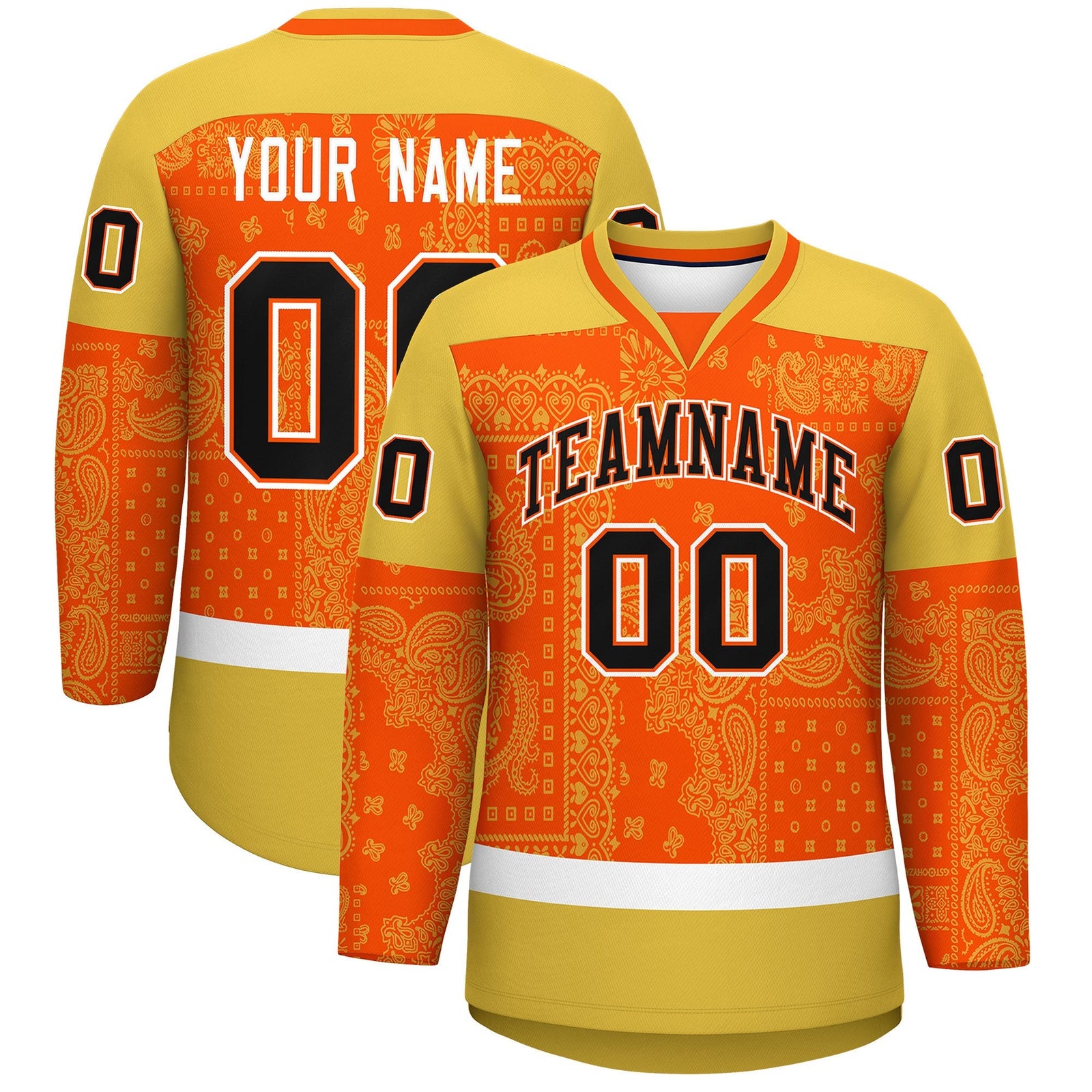 Custom Old Gold Orange White Cashew Flower Graffiti Pattern V-Neck Hockey Jersey| KXKSHOP