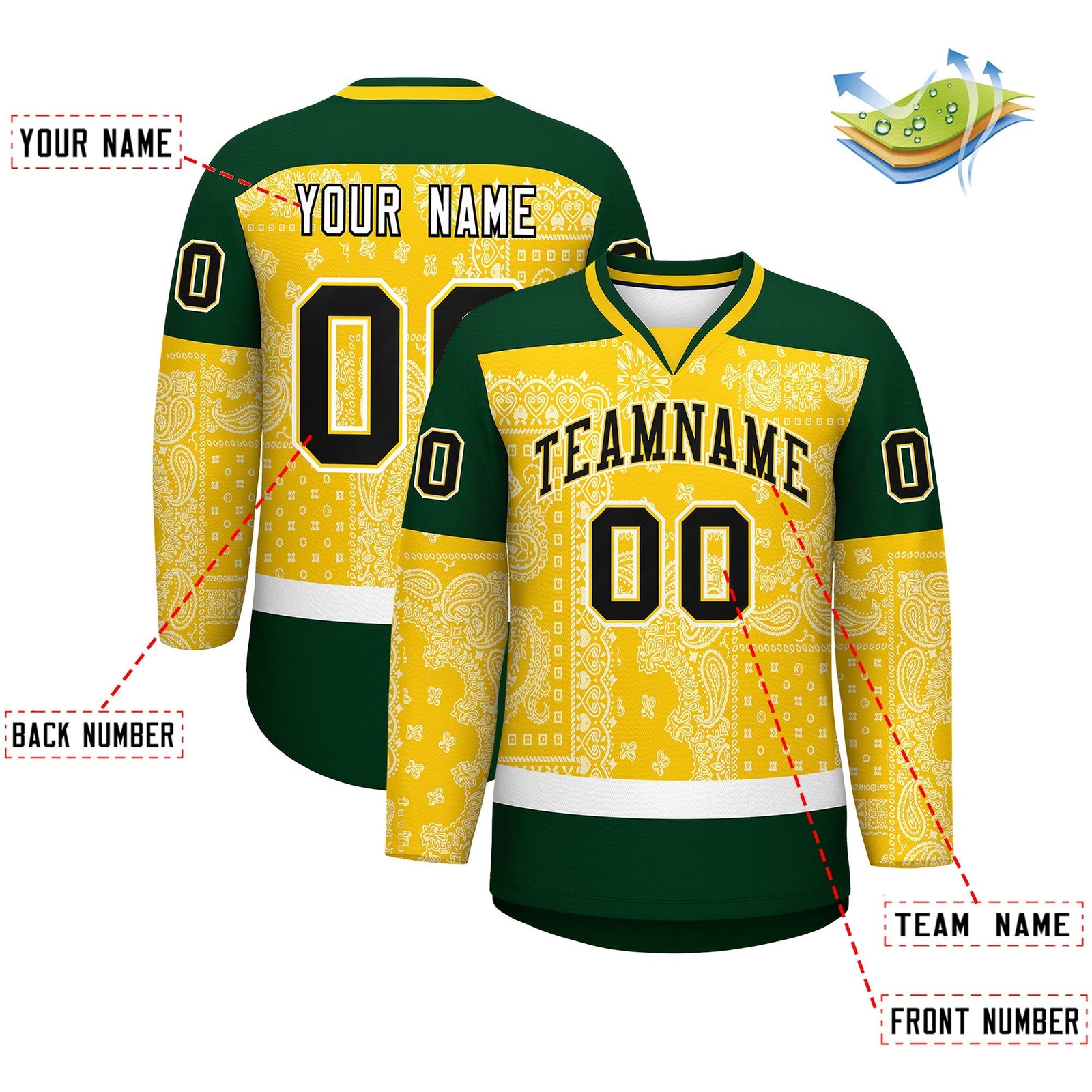 Custom Green Gold White Cashew Flower Graffiti Pattern V-Neck Hockey Jersey| KXKSHOP