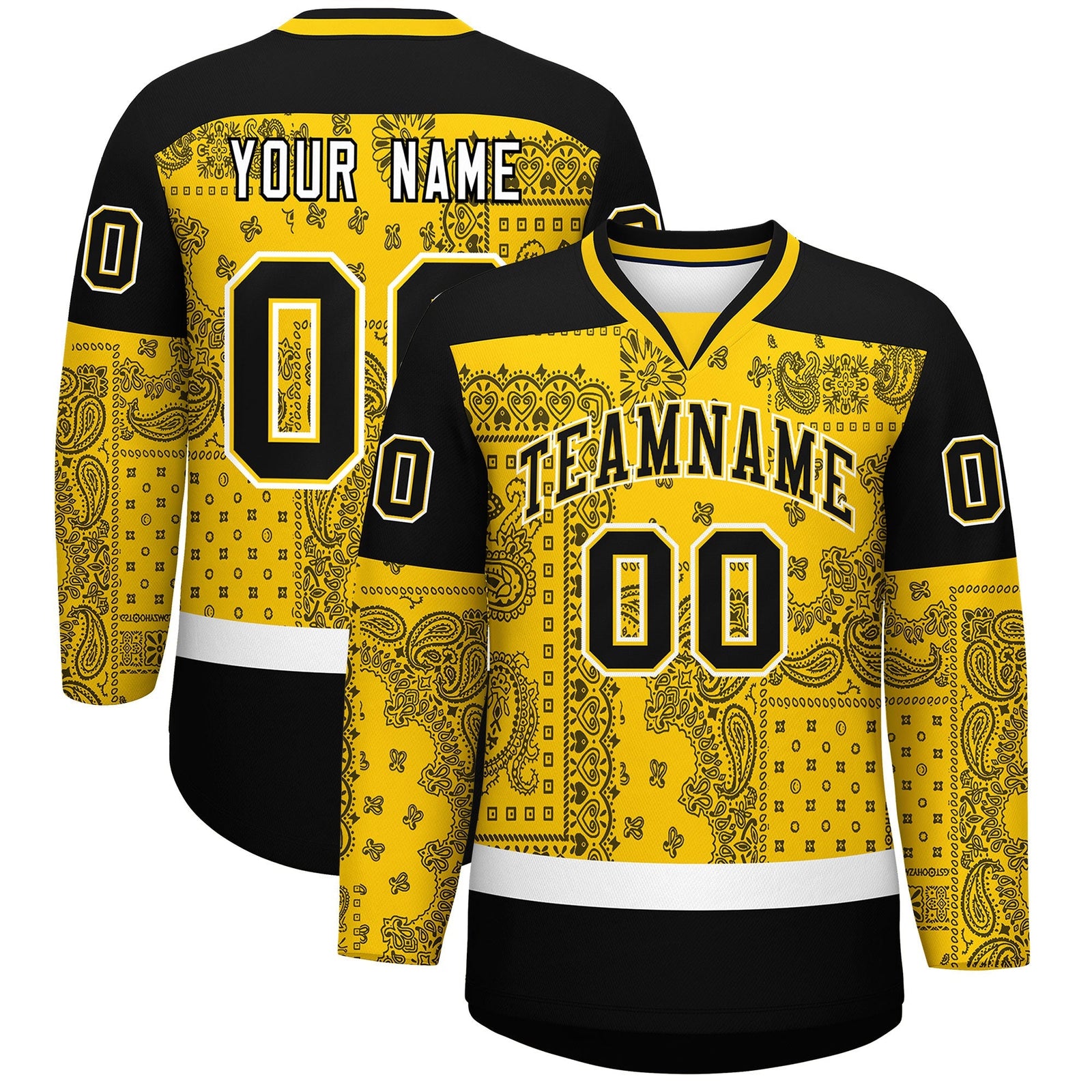 Custom Black Gold White Cashew Flower Graffiti Pattern V-Neck Hockey Jersey| KXKSHOP