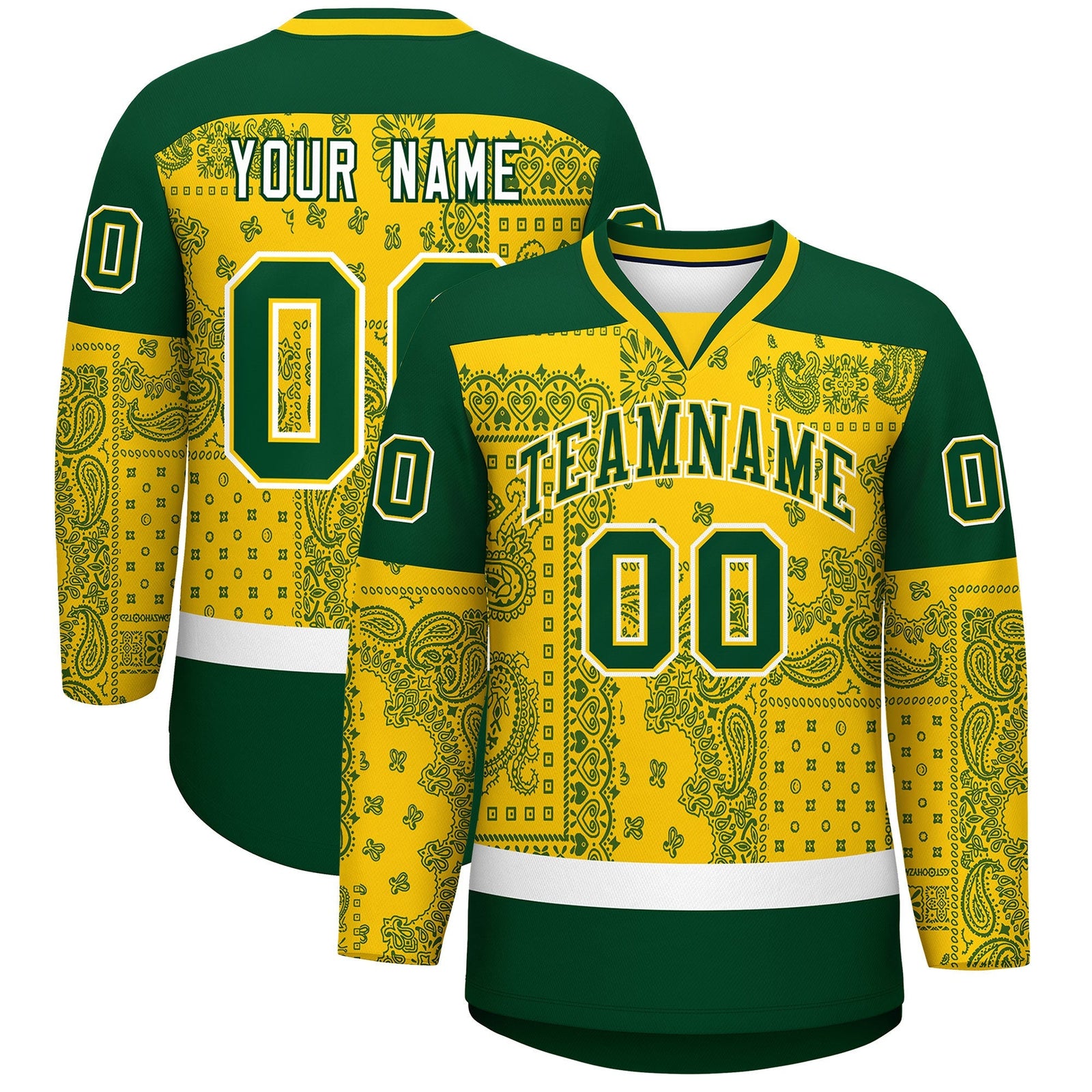 Custom Gold Green White Cashew Flower Graffiti Pattern V-Neck Hockey Jersey| KXKSHOP