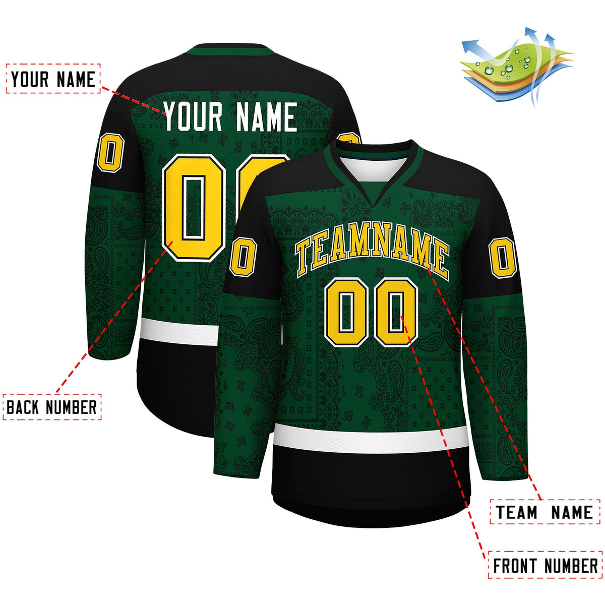 Custom Green Black White Cashew Flower Graffiti Pattern V-Neck Hockey Jersey| KXKSHOP