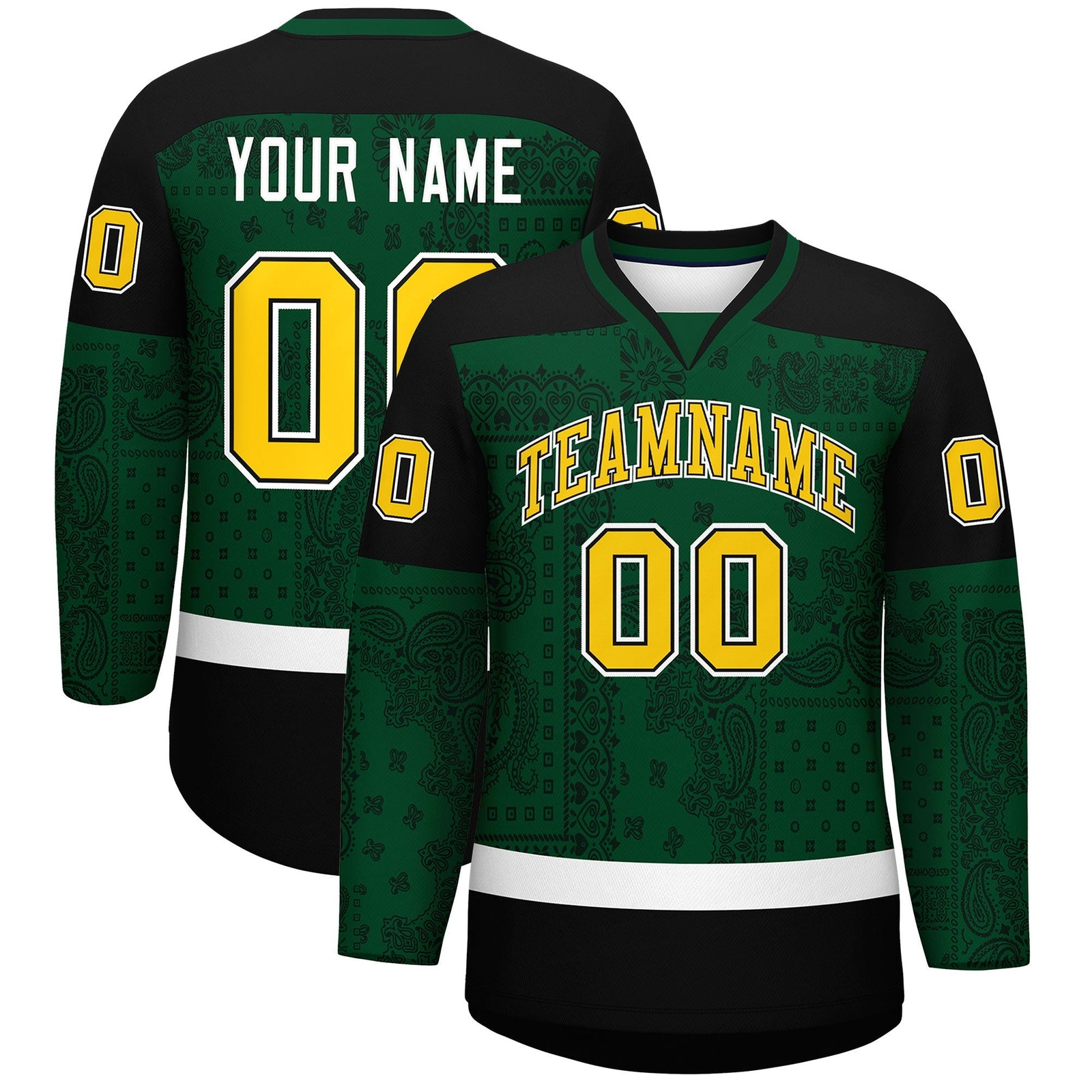 Custom Green Black White Cashew Flower Graffiti Pattern V-Neck Hockey Jersey| KXKSHOP