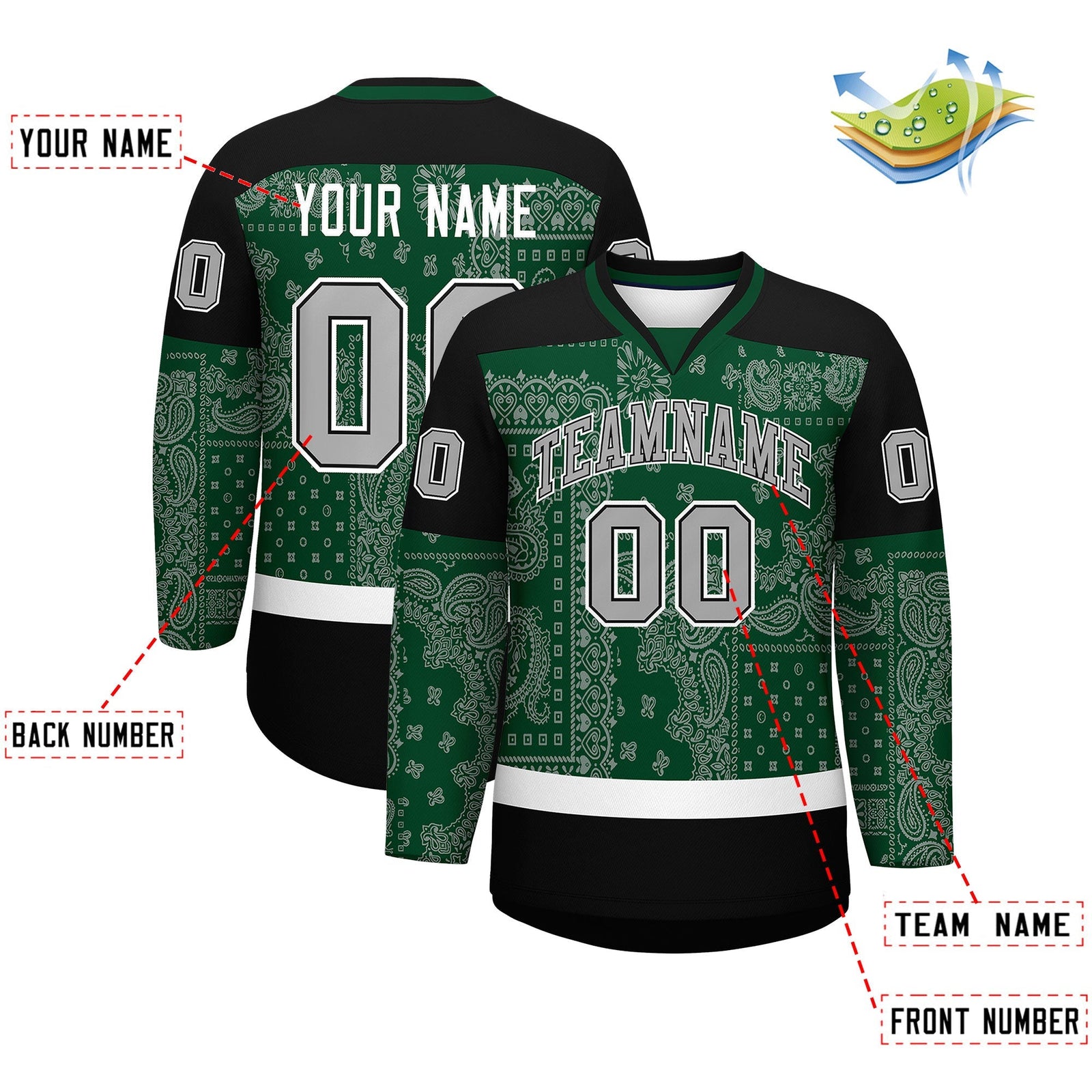 Custom Black Green White Cashew Flower Graffiti Pattern V-Neck Hockey Jersey| KXKSHOP