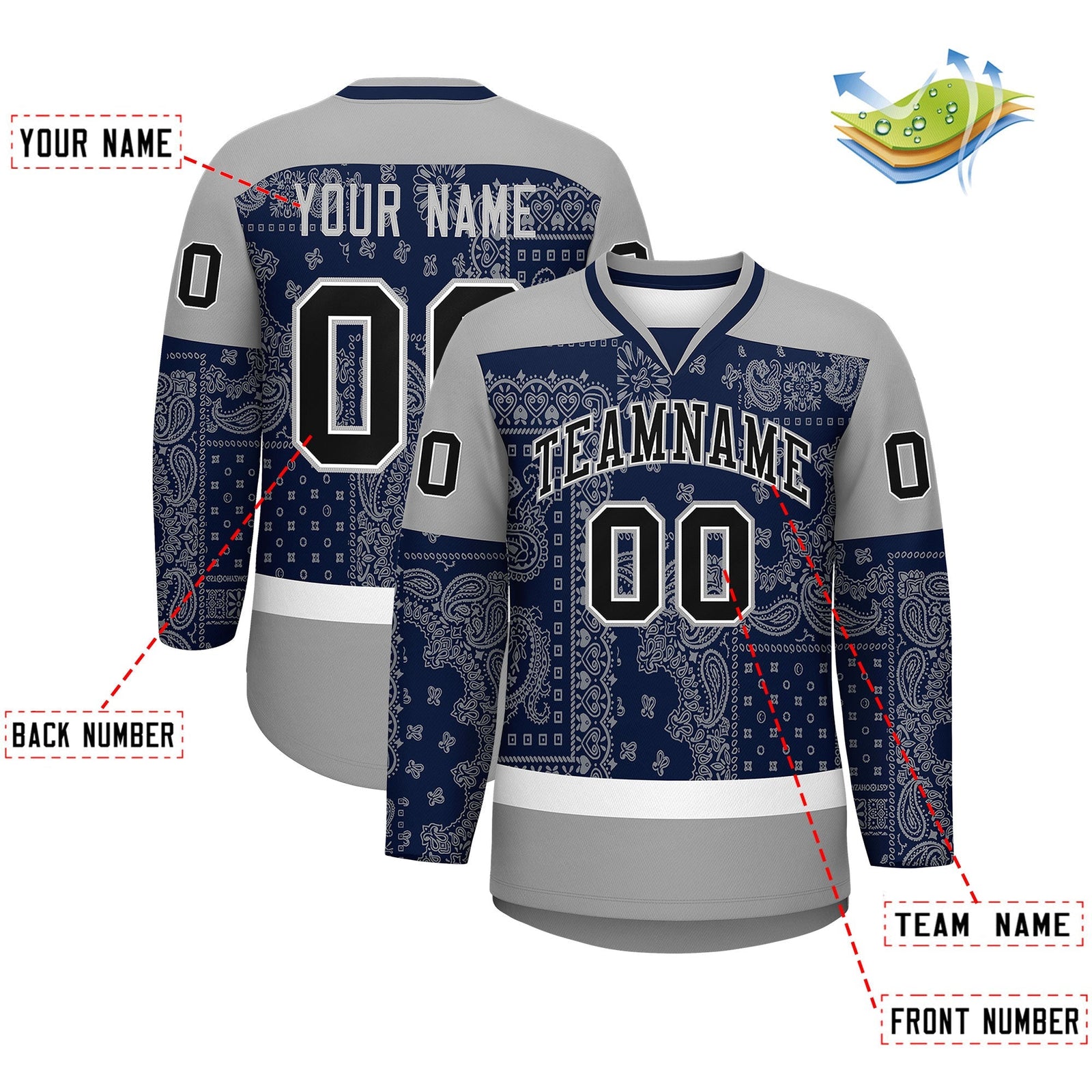 Custom Gray Navy White Cashew Flower Graffiti Pattern V-Neck Hockey Jersey| KXKSHOP