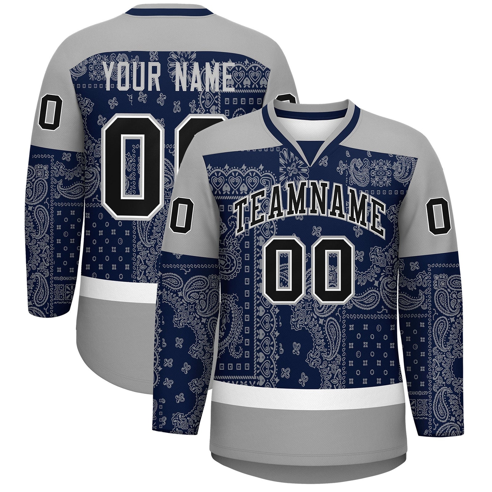 Custom Gray Navy White Cashew Flower Graffiti Pattern V-Neck Hockey Jersey| KXKSHOP