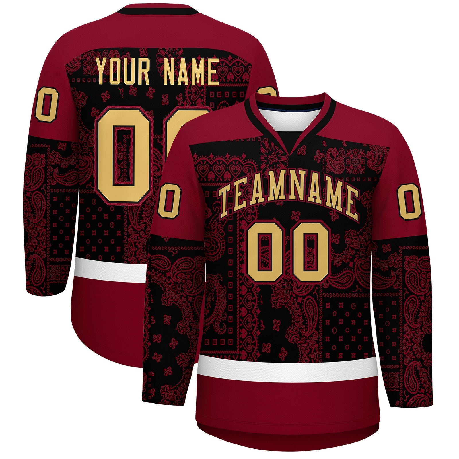 Custom Crimson Black White Cashew Flower Graffiti Pattern V-Neck Hockey Jersey| KXKSHOP