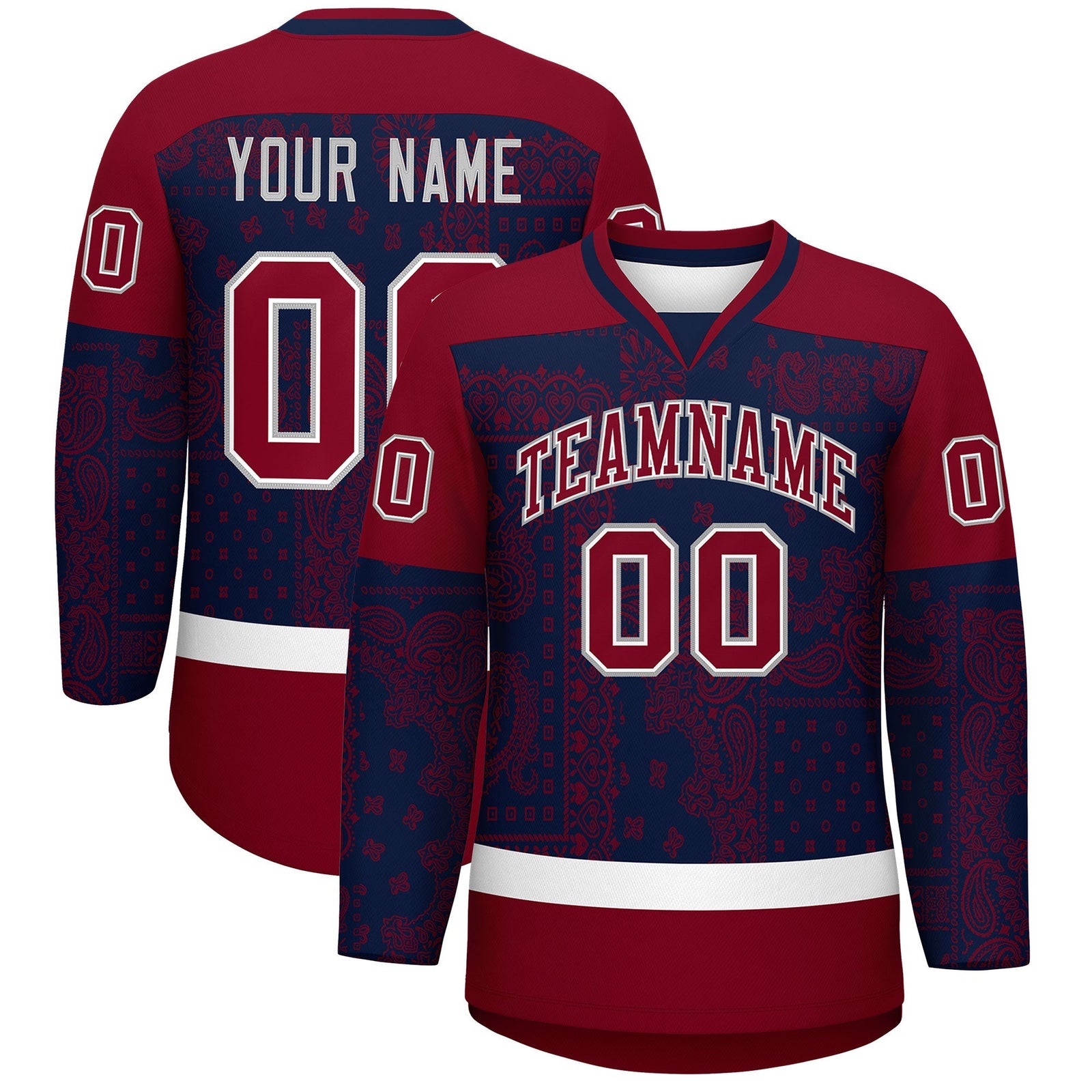Custom Crimson Navy White Cashew Flower Graffiti Pattern V-Neck Hockey Jersey| KXKSHOP