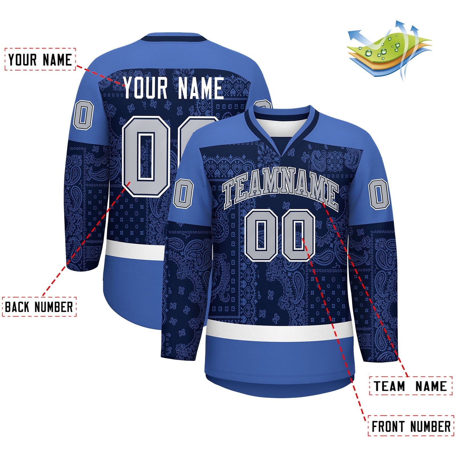 Custom Blue Navy White Cashew Flower Graffiti Pattern V-Neck Hockey Jersey| KXKSHOP