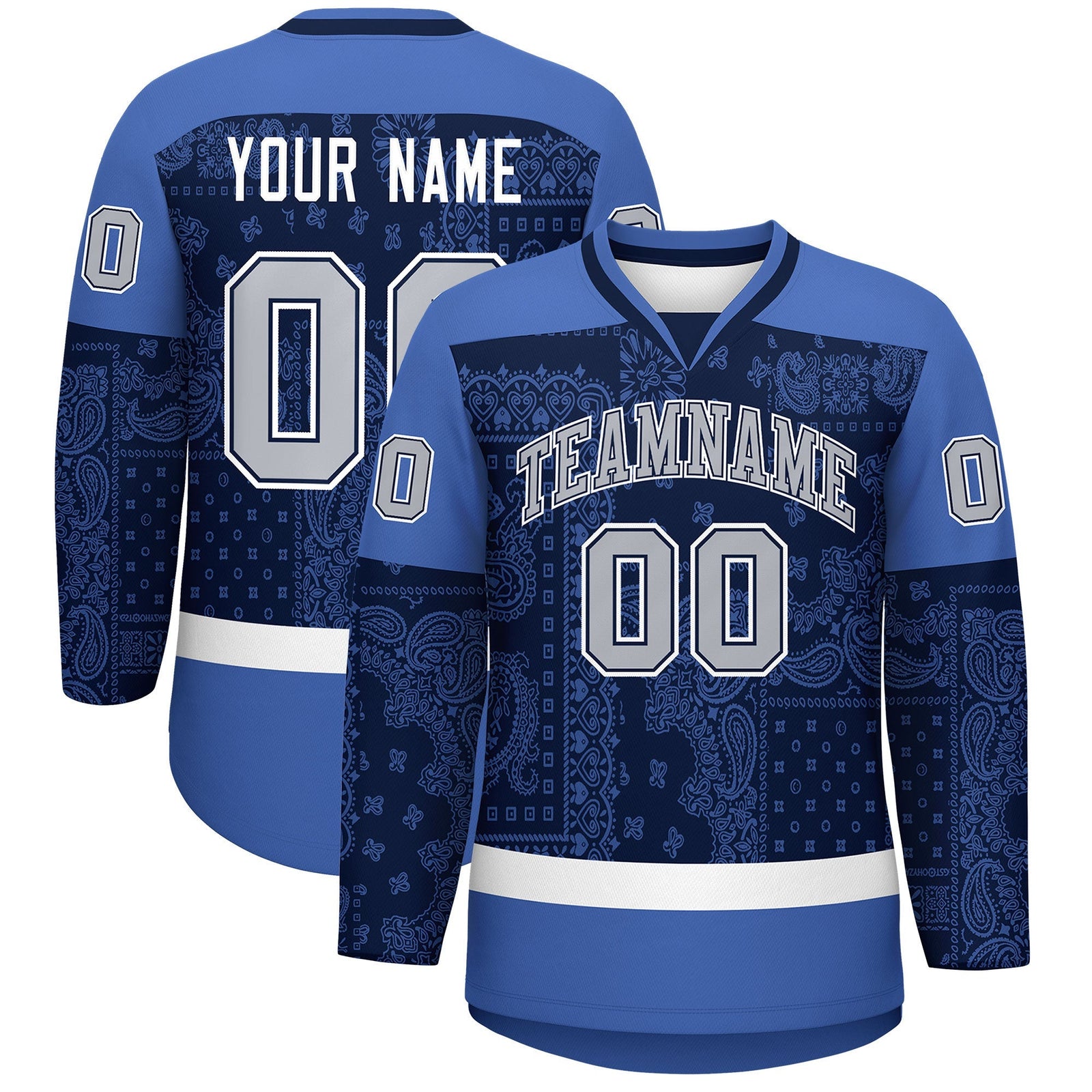 Custom Blue Navy White Cashew Flower Graffiti Pattern V-Neck Hockey Jersey| KXKSHOP