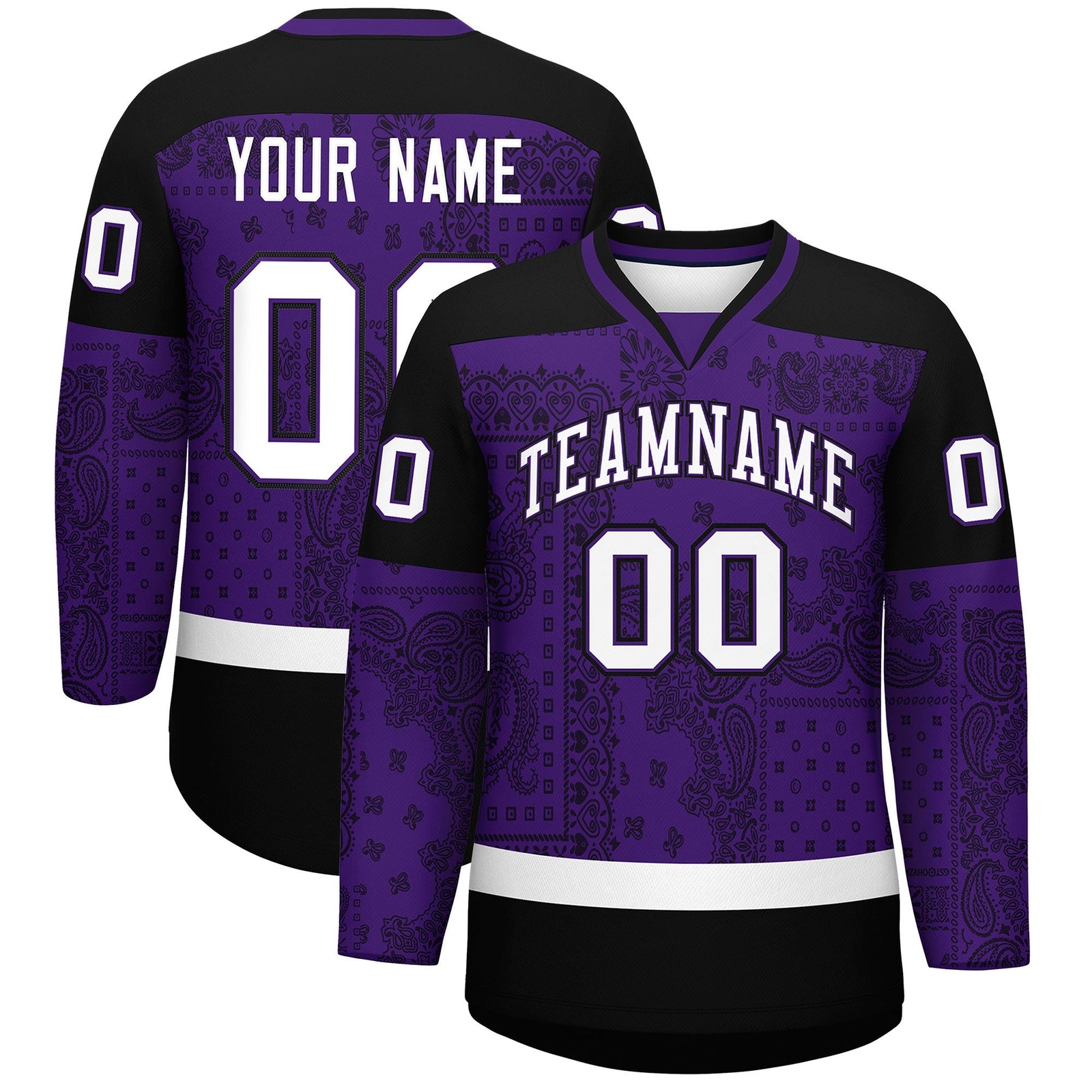 Custom Black White Purple Cashew Flower Graffiti Pattern V-Neck Hockey Jersey| KXKSHOP