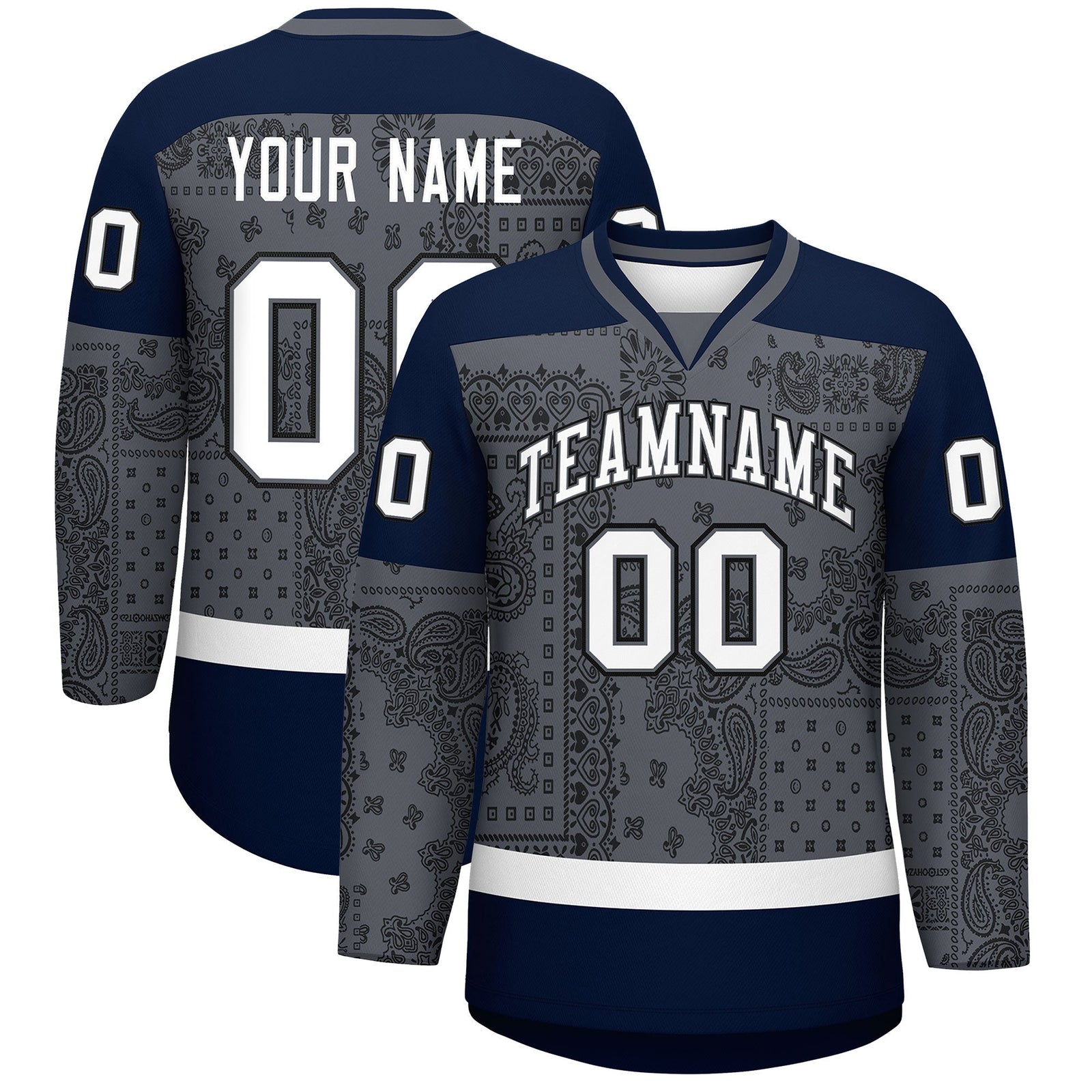 Custom Black Dark Gray White Cashew Flower Graffiti Pattern V-Neck Hockey Jersey| KXKSHOP