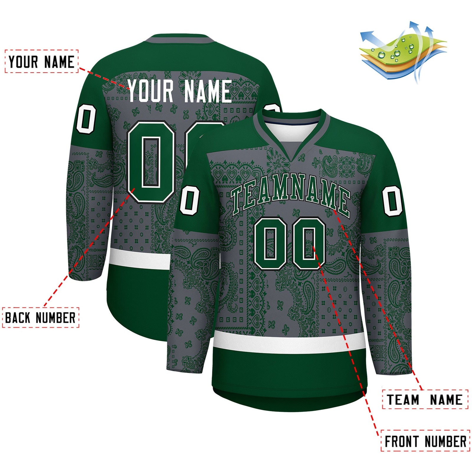 Custom Green Dark Gray White Cashew Flower Graffiti Pattern V-Neck Hockey Jersey| KXKSHOP