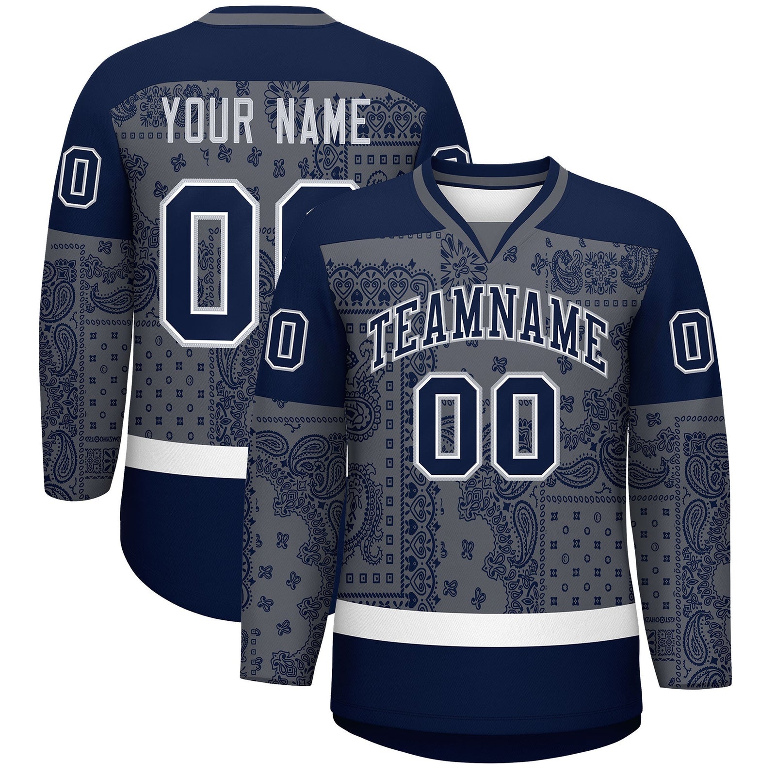 Custom Navy Dark Gray White Cashew Flower Graffiti Pattern V-Neck Hockey Jersey| KXKSHOP