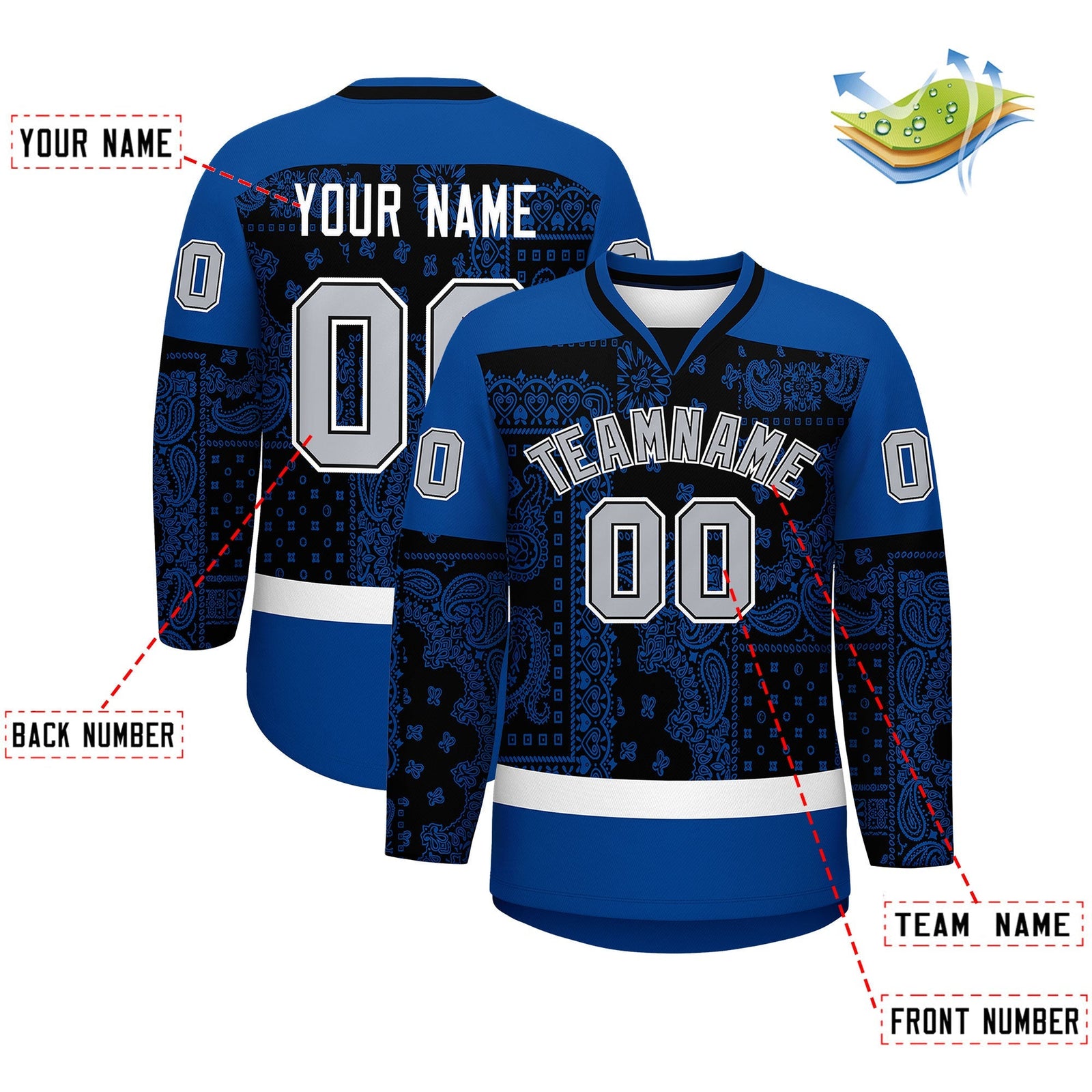 Custom Royal White Black Cashew Flower Graffiti Pattern V-Neck Hockey Jersey| KXKSHOP