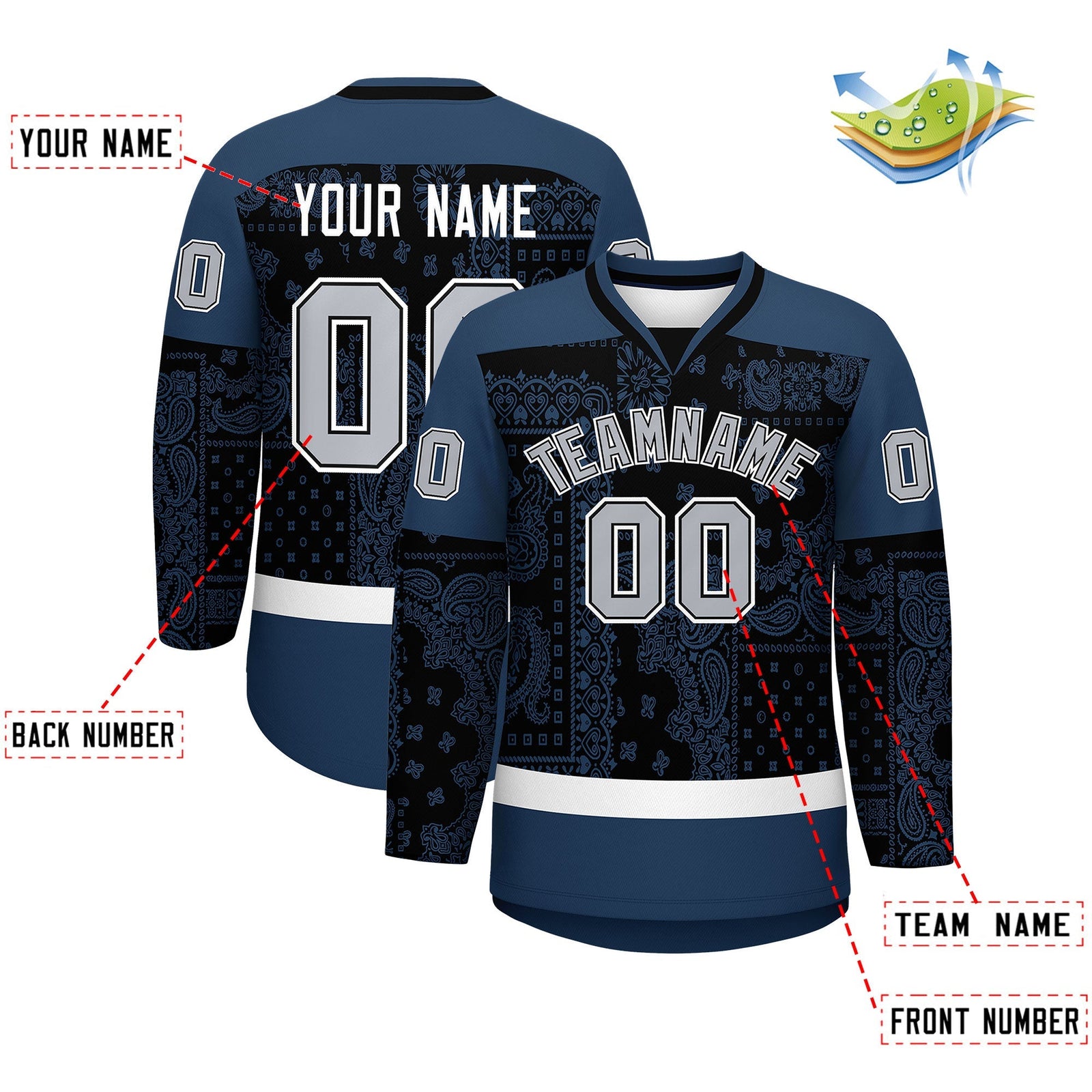 Custom Midnight Blue White Black Cashew Flower Graffiti Pattern V-Neck Hockey Jersey| KXKSHOP