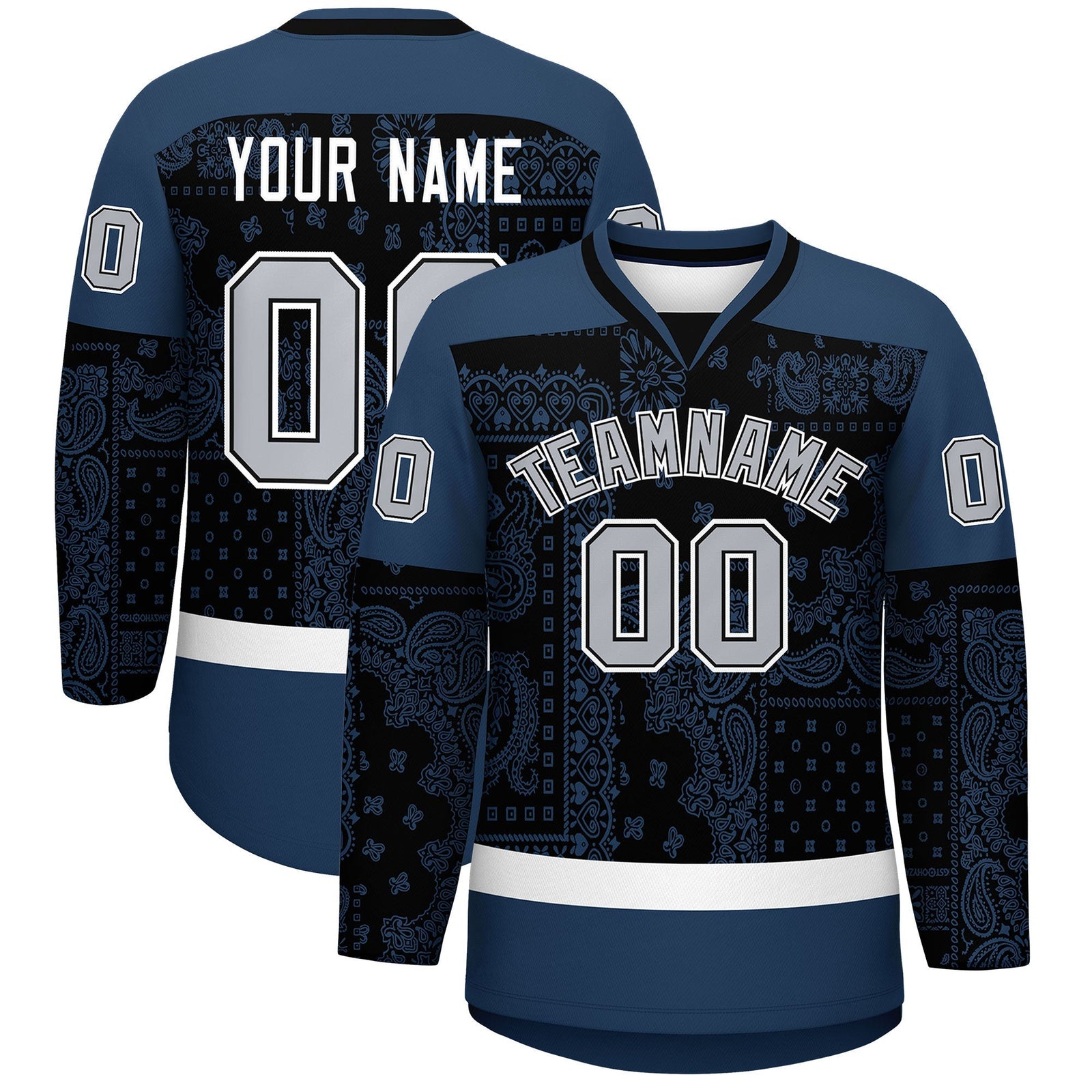 Custom Midnight Blue White Black Cashew Flower Graffiti Pattern V-Neck Hockey Jersey| KXKSHOP