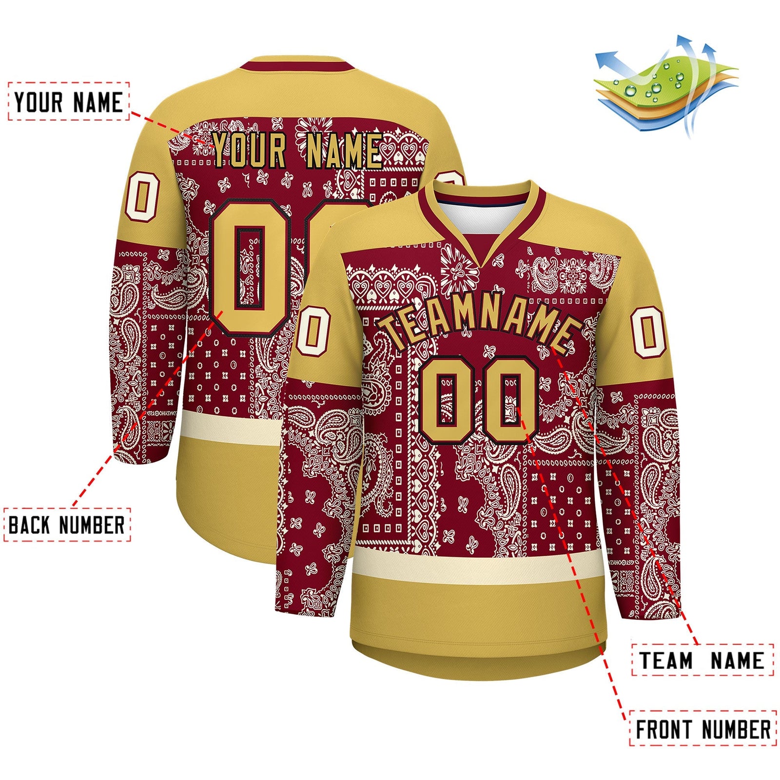 Custom Old Gold Crimson Cream Cashew Flower Graffiti Pattern V-Neck Hockey Jersey| KXKSHOP