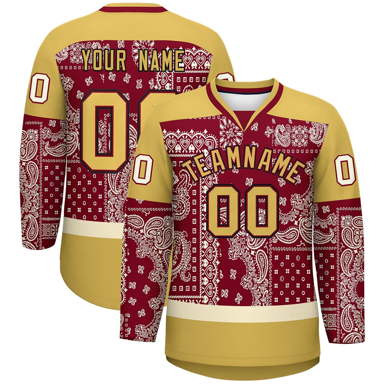 Custom Old Gold Crimson Cream Cashew Flower Graffiti Pattern V-Neck Hockey Jersey| KXKSHOP