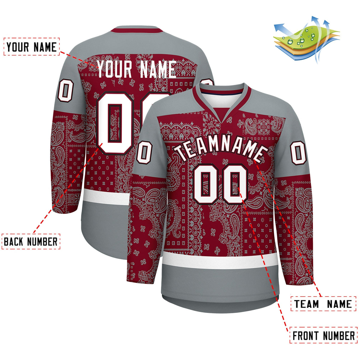 Custom Silver Gray Crimson White Cashew Flower Graffiti Pattern V-Neck Hockey Jersey| KXKSHOP