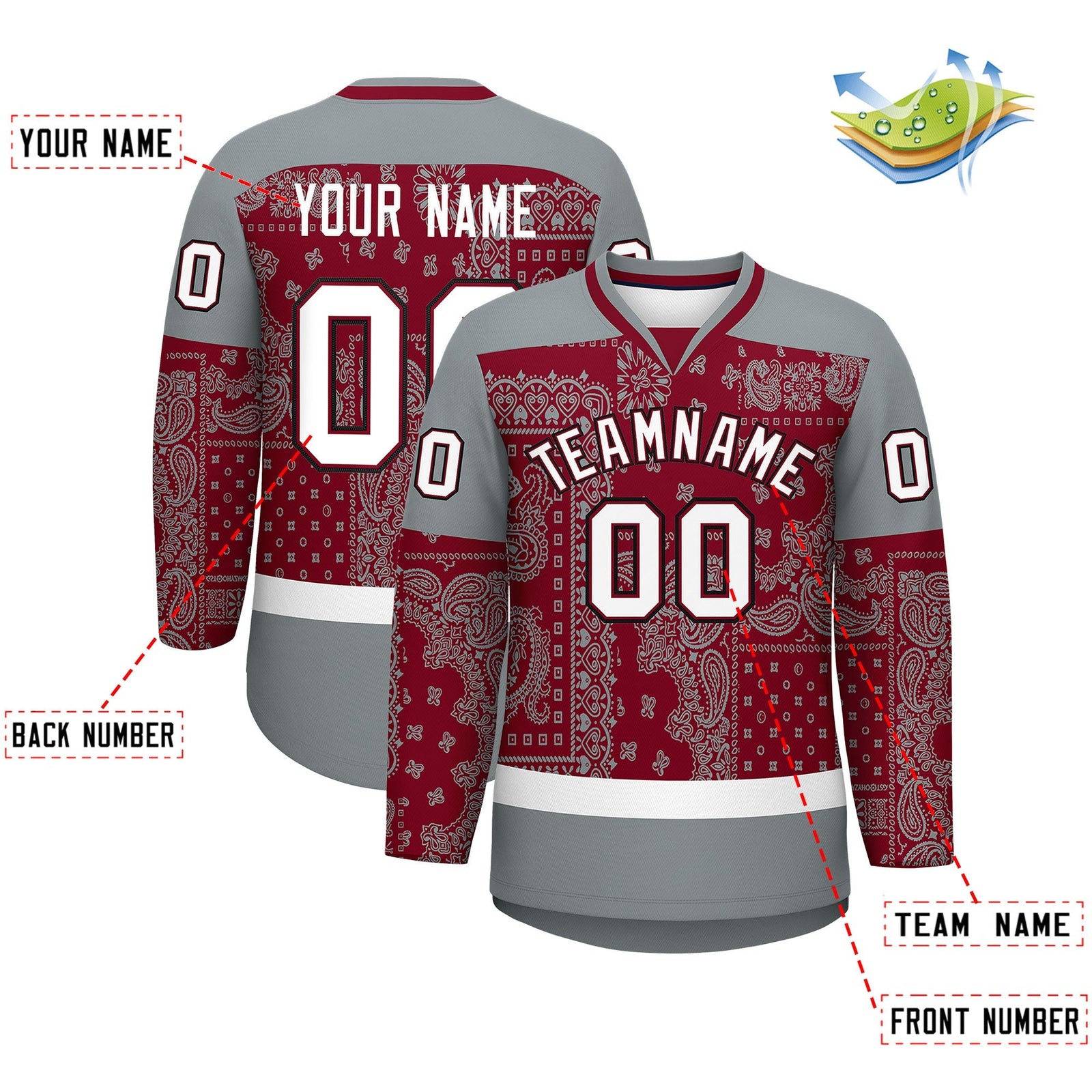Custom Silver Gray Crimson White Cashew Flower Graffiti Pattern V-Neck Hockey Jersey| KXKSHOP