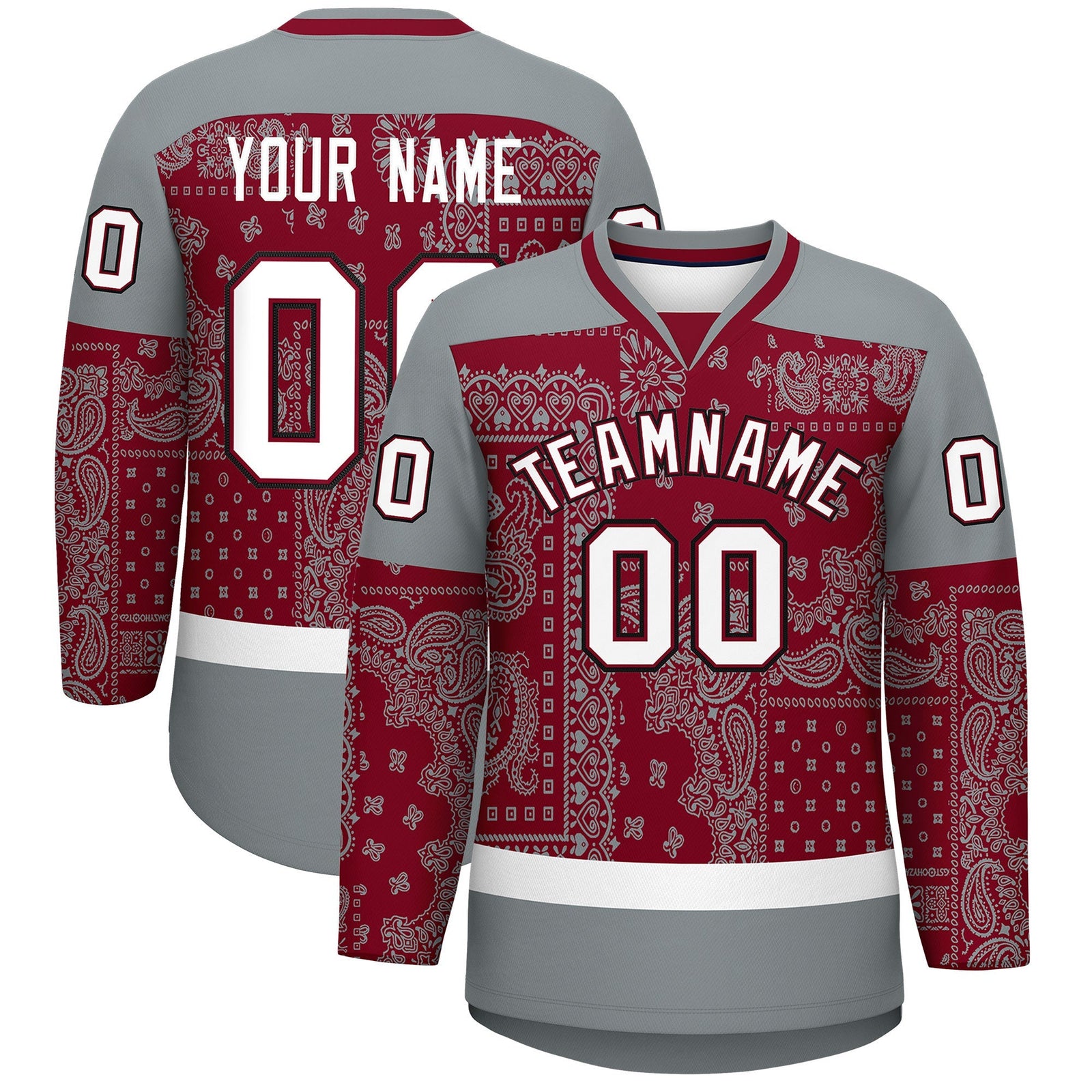 Custom Silver Gray Crimson White Cashew Flower Graffiti Pattern V-Neck Hockey Jersey| KXKSHOP