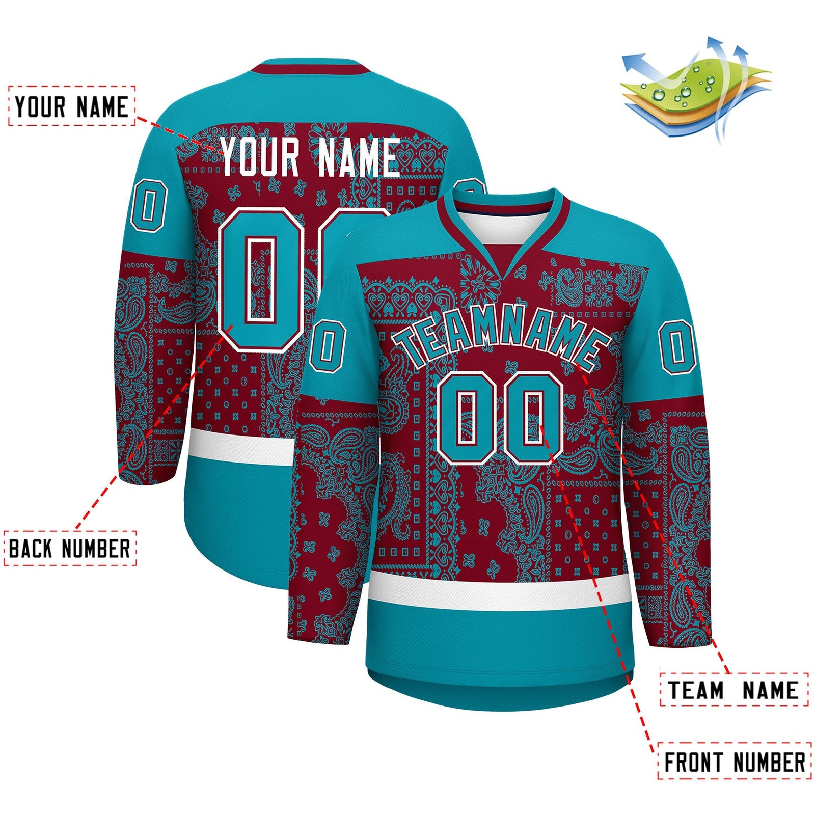 Custom Teal White Crimson Cashew Flower Graffiti Pattern V-Neck Hockey Jersey| KXKSHOP
