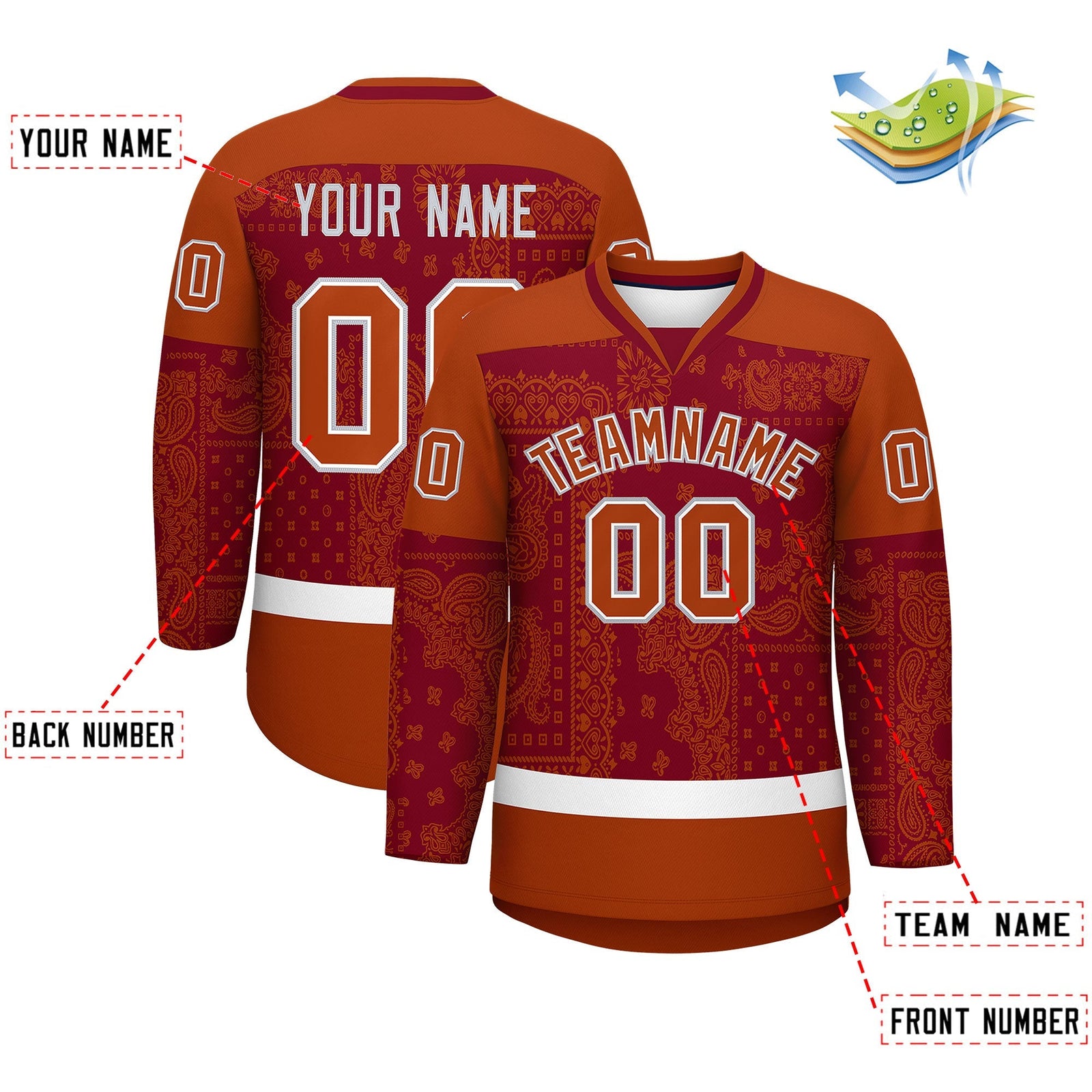 Custom Dark Orange Crimson White Cashew Flower Graffiti Pattern V-Neck Hockey Jersey| KXKSHOP