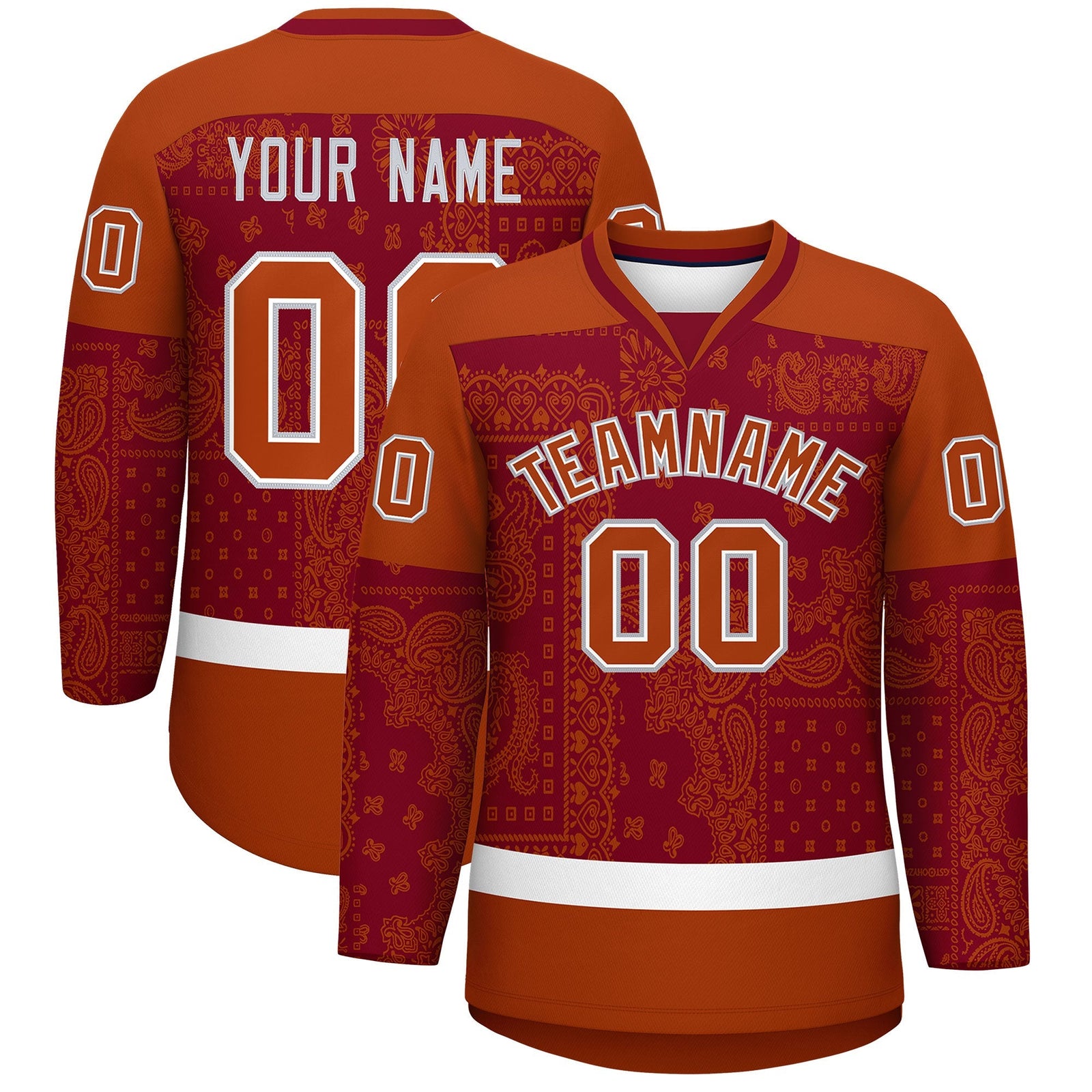 Custom Dark Orange Crimson White Cashew Flower Graffiti Pattern V-Neck Hockey Jersey| KXKSHOP