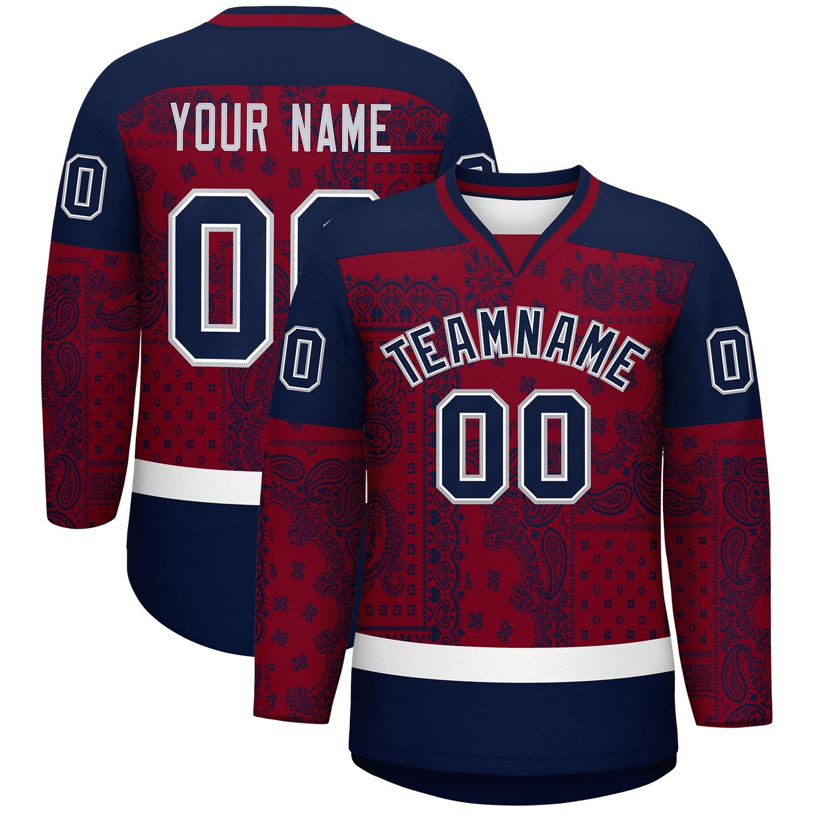 Custom Navy Crimson White Cashew Flower Graffiti Pattern V-Neck Hockey Jersey| KXKSHOP