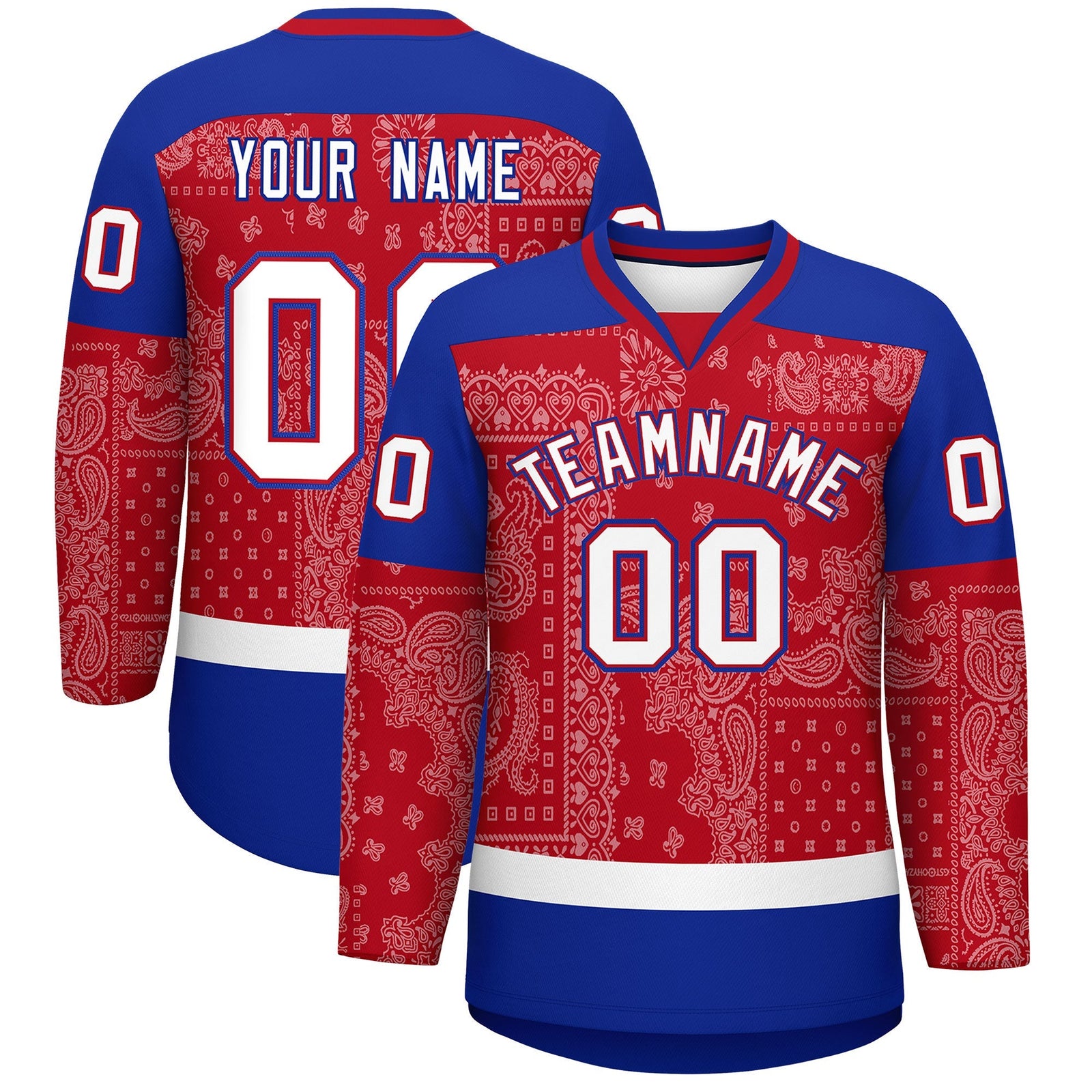 Custom Royal White Red Cashew Flower Graffiti Pattern V-Neck Hockey Jersey| KXKSHOP