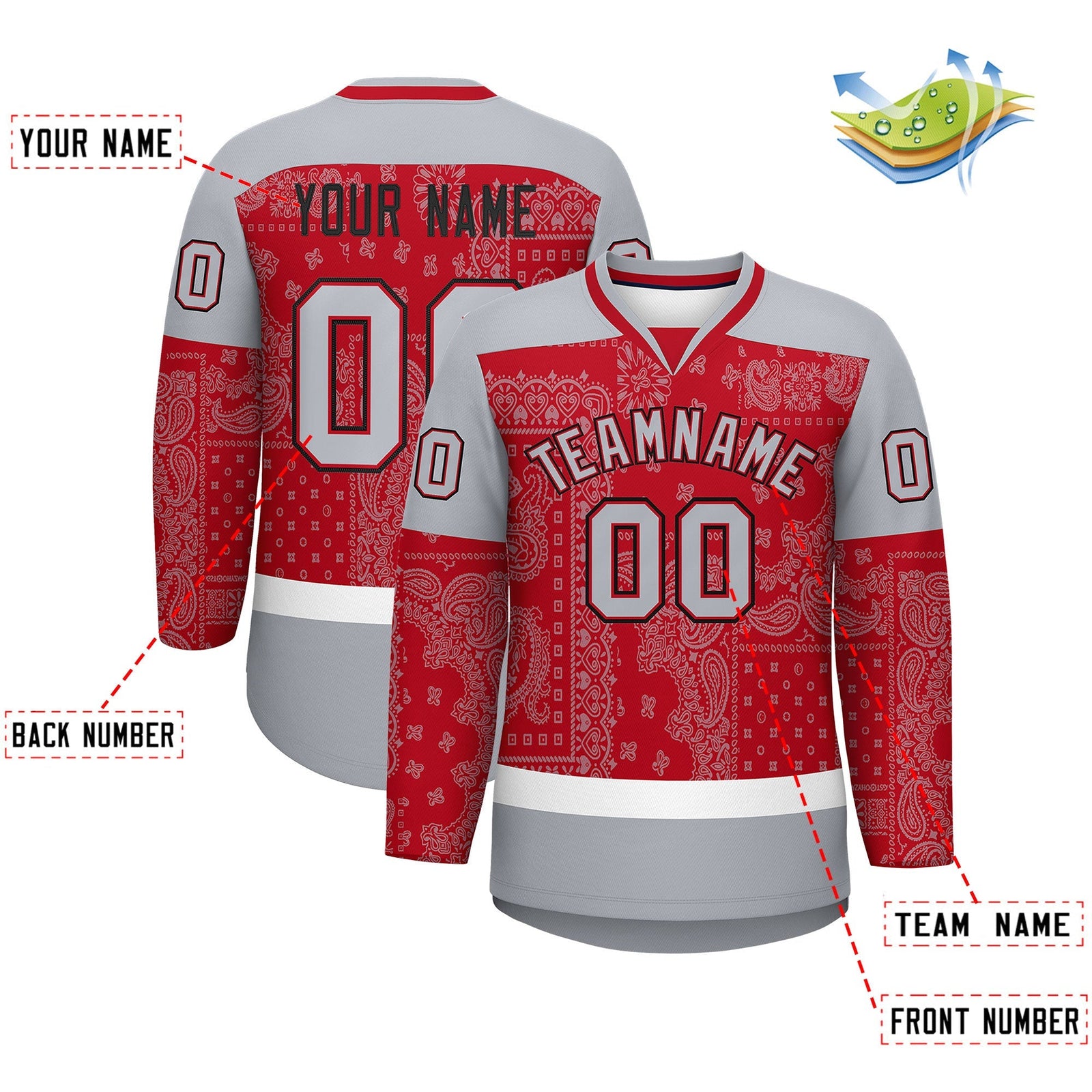 Custom Gray Red White Cashew Flower Graffiti Pattern V-Neck Hockey Jersey| KXKSHOP