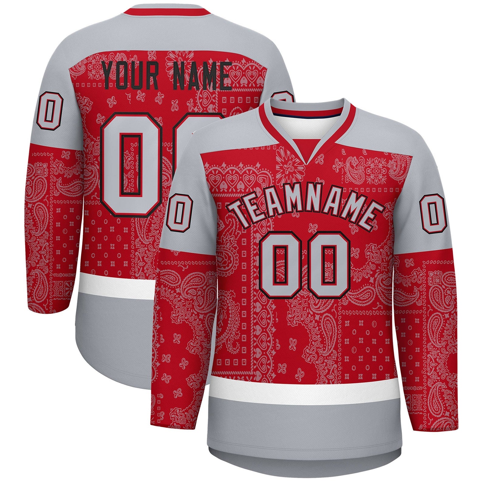 Custom Gray Red White Cashew Flower Graffiti Pattern V-Neck Hockey Jersey| KXKSHOP