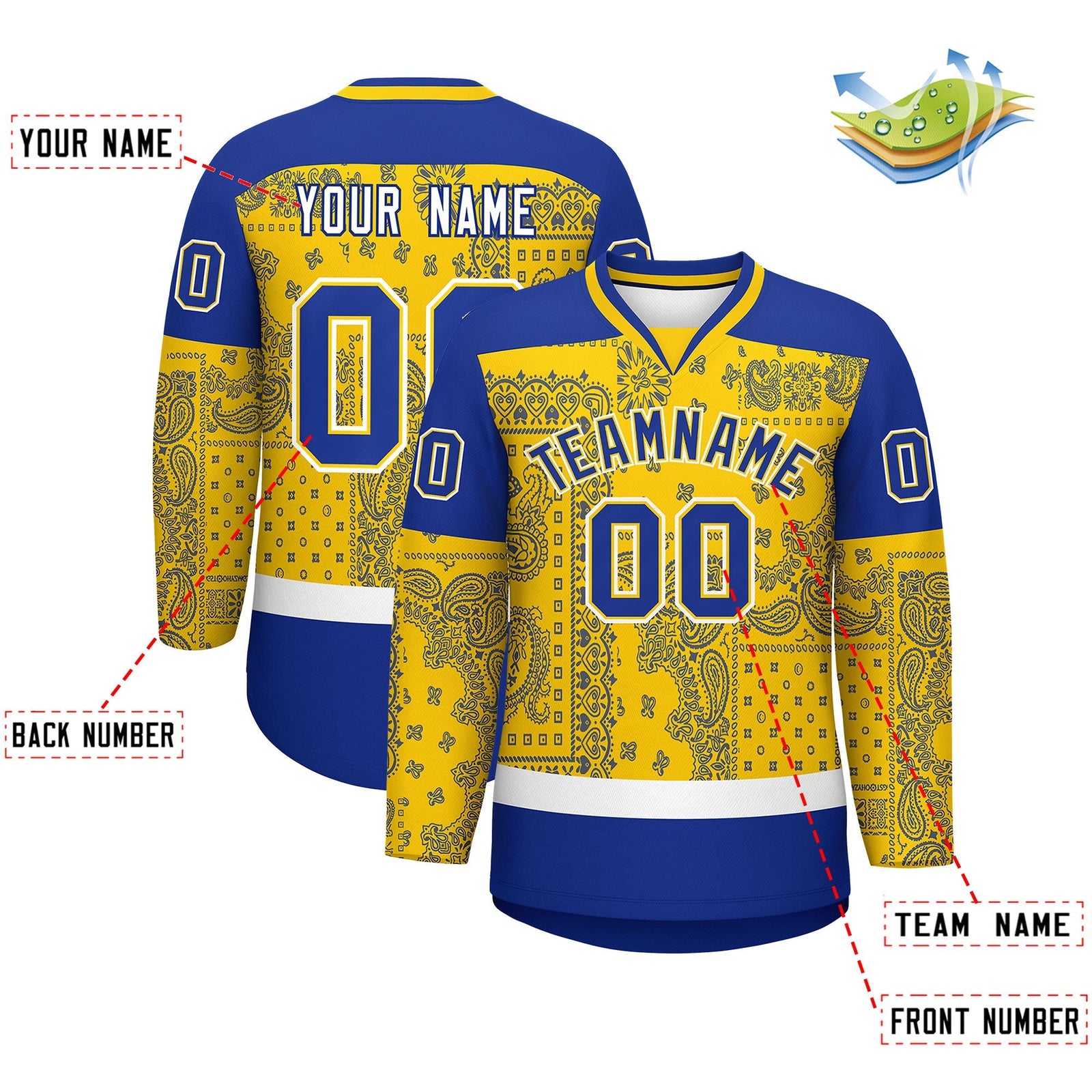 Custom Royal Gold White Cashew Flower Graffiti Pattern V-Neck Hockey Jersey| KXKSHOP