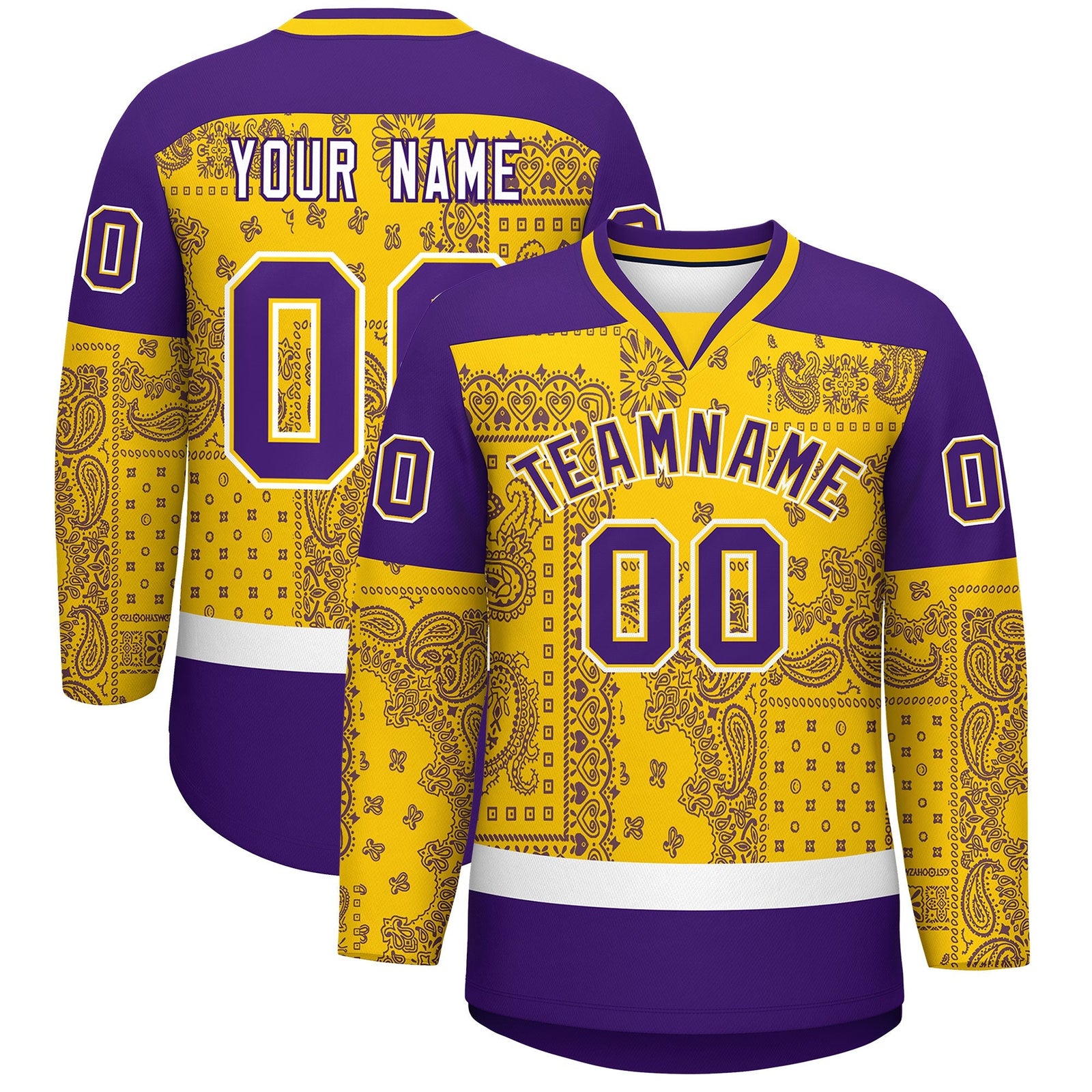 Custom Purple Gold White Cashew Flower Graffiti Pattern V-Neck Hockey Jersey| KXKSHOP
