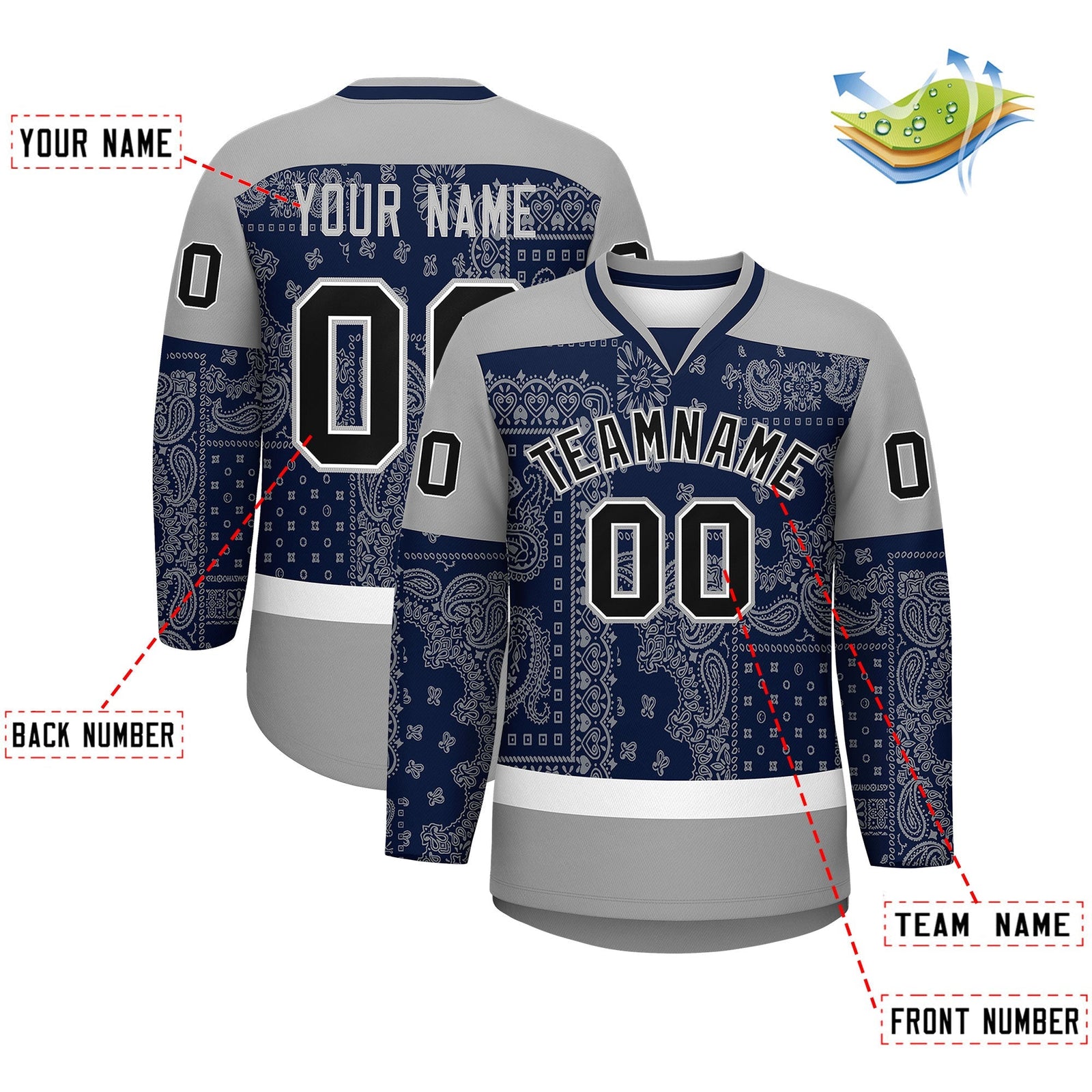 Custom Gray Navy White Cashew Flower Graffiti Pattern V-Neck Hockey Jersey| KXKSHOP