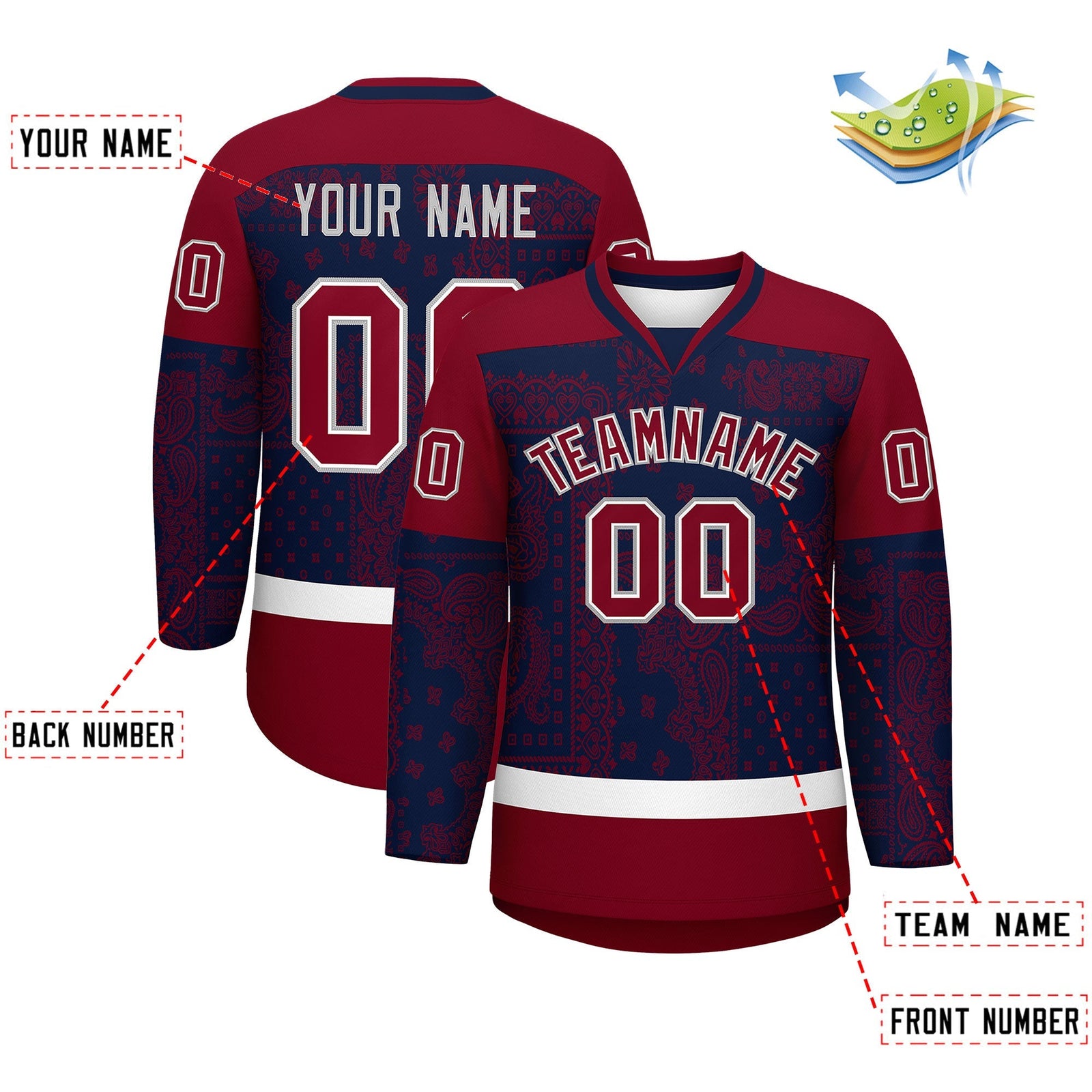 Custom Crimson Navy White Cashew Flower Graffiti Pattern V-Neck Hockey Jersey| KXKSHOP