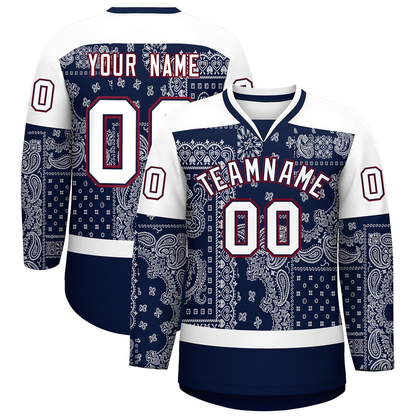 Custom White Navy Crimson Cashew Flower Graffiti Pattern V-Neck Hockey Jersey| KXKSHOP