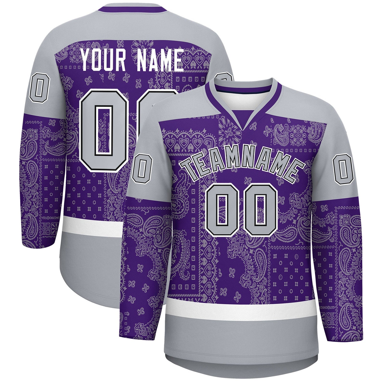 Custom Gray Purple White Cashew Flower Graffiti Pattern V-Neck Hockey Jersey| KXKSHOP