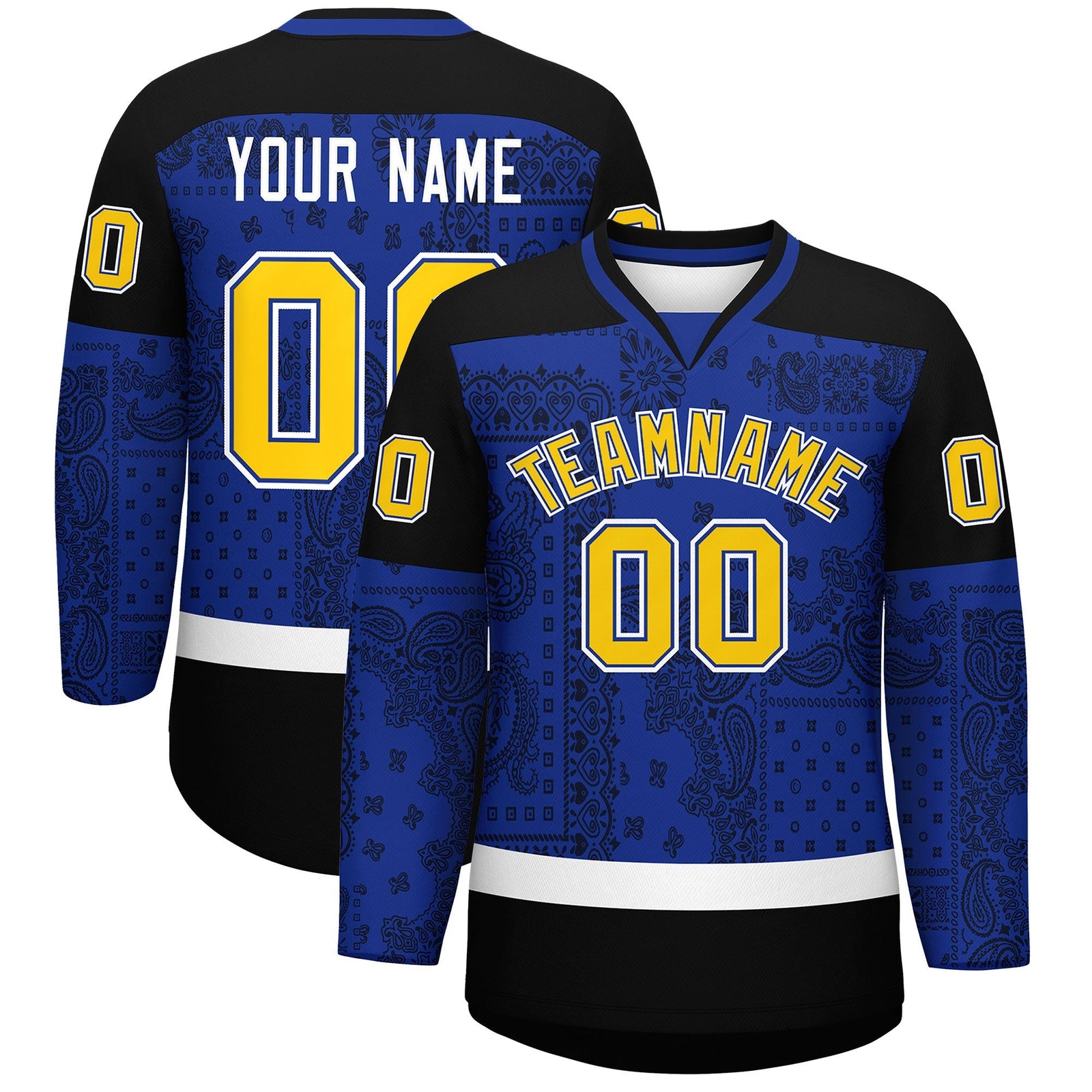 Custom Black Royal White Cashew Flower Graffiti Pattern V-Neck Hockey Jersey| KXKSHOP