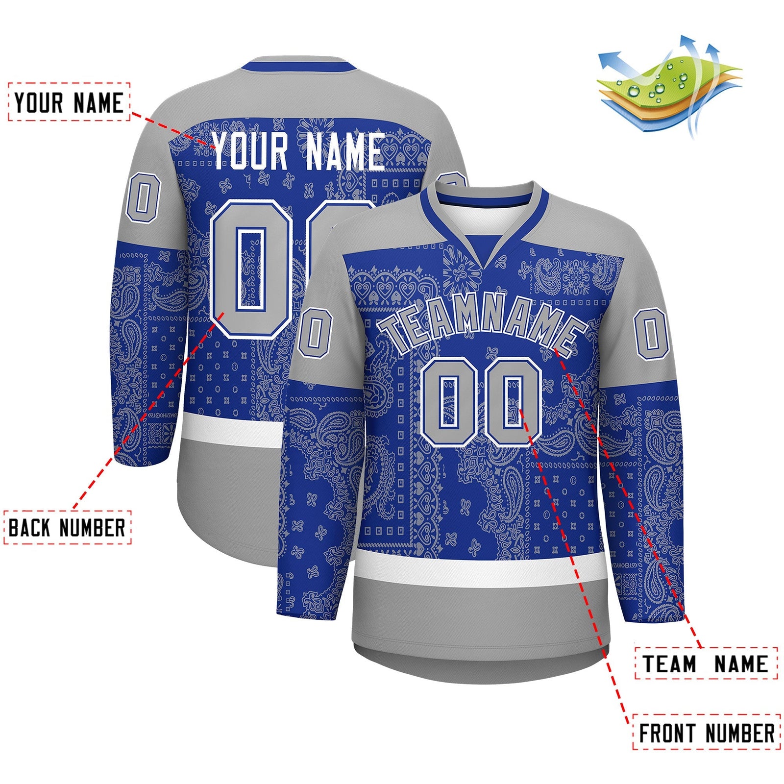 Custom Gray Royal White Cashew Flower Graffiti Pattern V-Neck Hockey Jersey| KXKSHOP