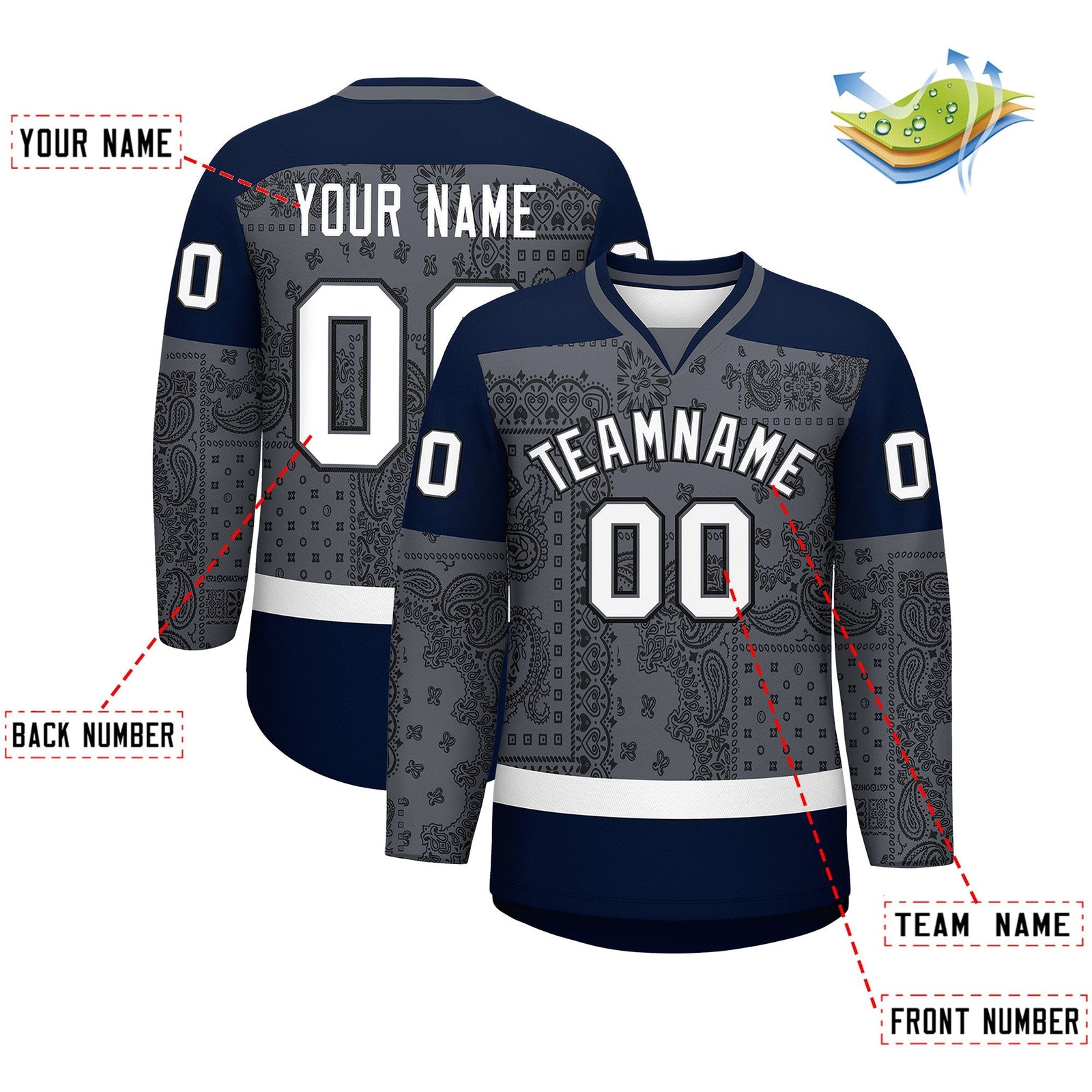 Custom Black Dark Gray White Cashew Flower Graffiti Pattern V-Neck Hockey Jersey| KXKSHOP