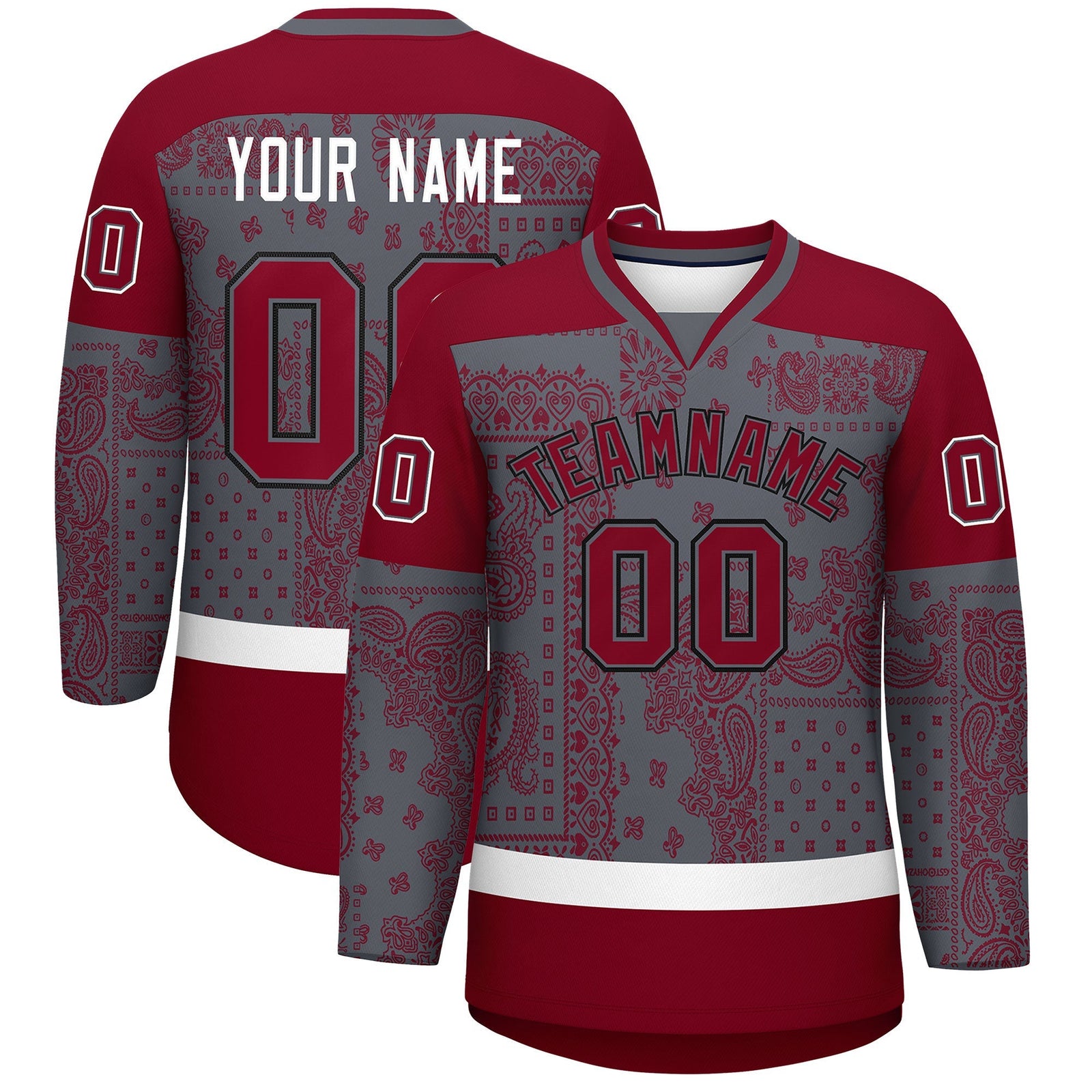 Custom Red Dark Gray White Cashew Flower Graffiti Pattern V-Neck Hockey Jersey| KXKSHOP