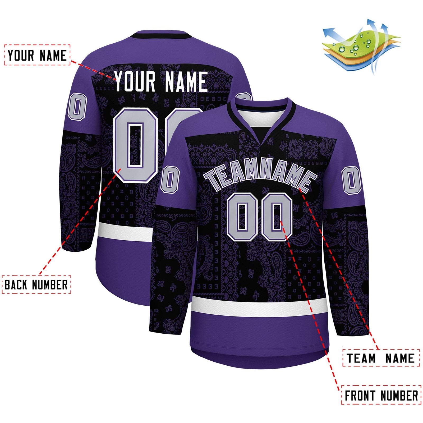 Custom Purple Black White Cashew Flower Graffiti Pattern V-Neck Hockey Jersey| KXKSHOP