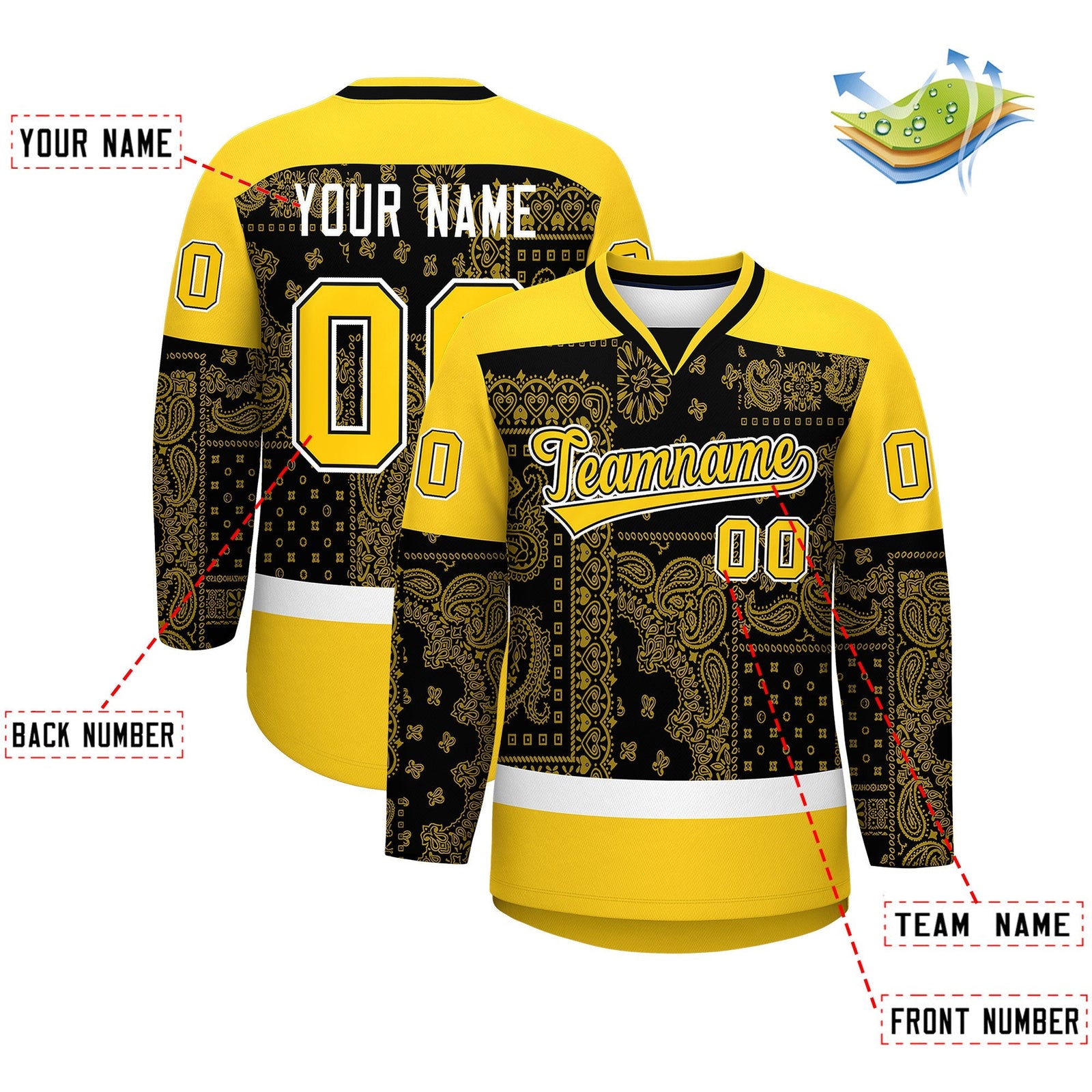 Custom Gold White Black Cashew Flower Graffiti Pattern V-Neck Hockey Jersey| KXKSHOP