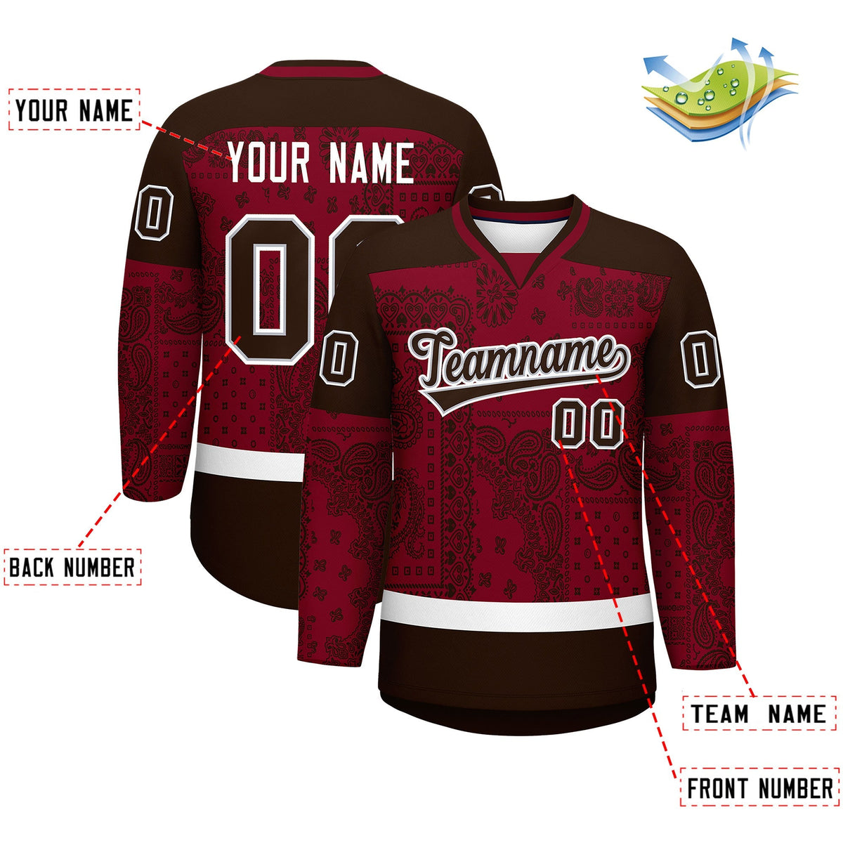Custom Brown Crimson White Cashew Flower Graffiti Pattern V-Neck Hockey Jersey| KXKSHOP