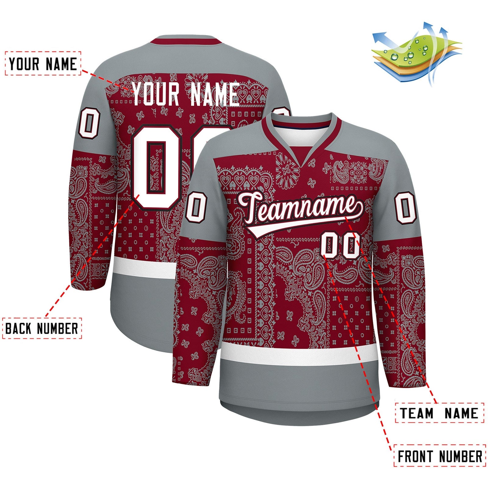 Custom Silver Gray Crimson White Cashew Flower Graffiti Pattern V-Neck Hockey Jersey| KXKSHOP